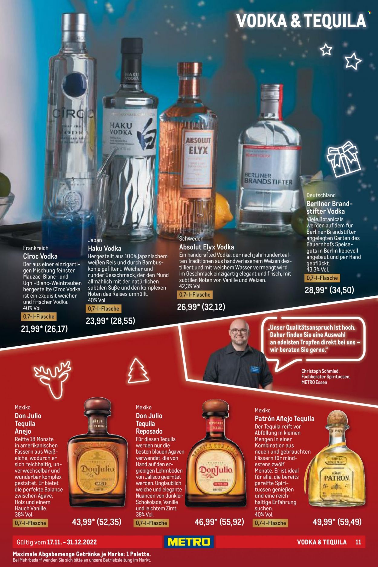 thumbnail - Prospekte Metro - 17.11.2022 - 31.12.2022 - Produkte in Aktion - Alkohol, Exquisit, Berliner, Reis, Vodka, Absolut Vodka, Tequila. Seite 11.