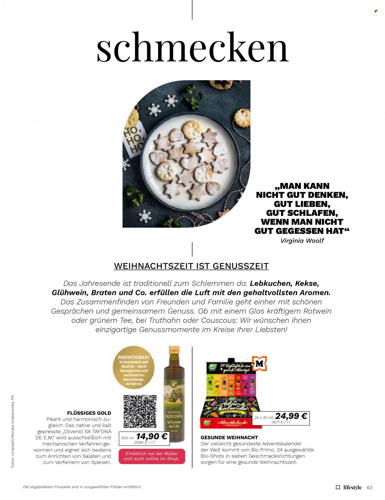 thumbnail - Prospekte Müller - Produkte in Aktion - Lebkuchen, Adventskalender, Kekse, Olivenöl, Öl. Seite 63.