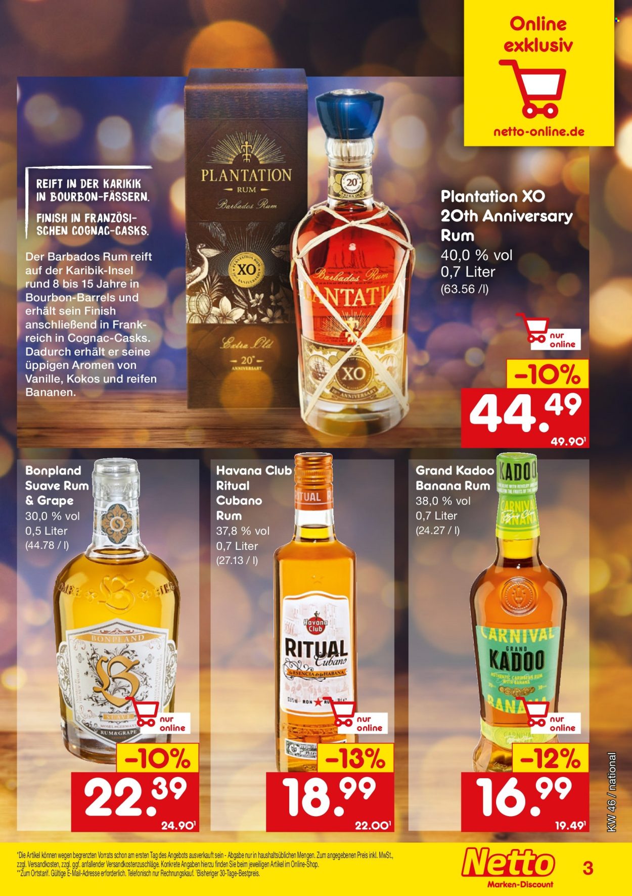 thumbnail - Prospekte Netto Marken-Discount - 14.11.2022 - 31.12.2022 - Produkte in Aktion - Alkohol, Bananen, Cognac, Havana Club, Rum, Finish. Seite 3.