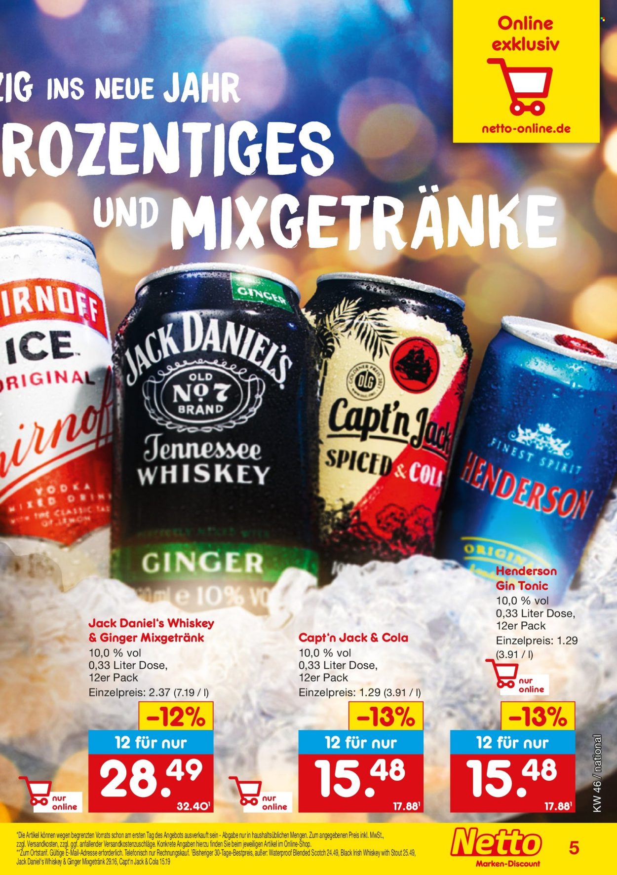 thumbnail - Prospekte Netto Marken-Discount - 14.11.2022 - 31.12.2022 - Produkte in Aktion - Alkohol, Tonic, Mixgetränk, Whiskey, Jack Daniel’s, Gin, Irish Whiskey. Seite 5.
