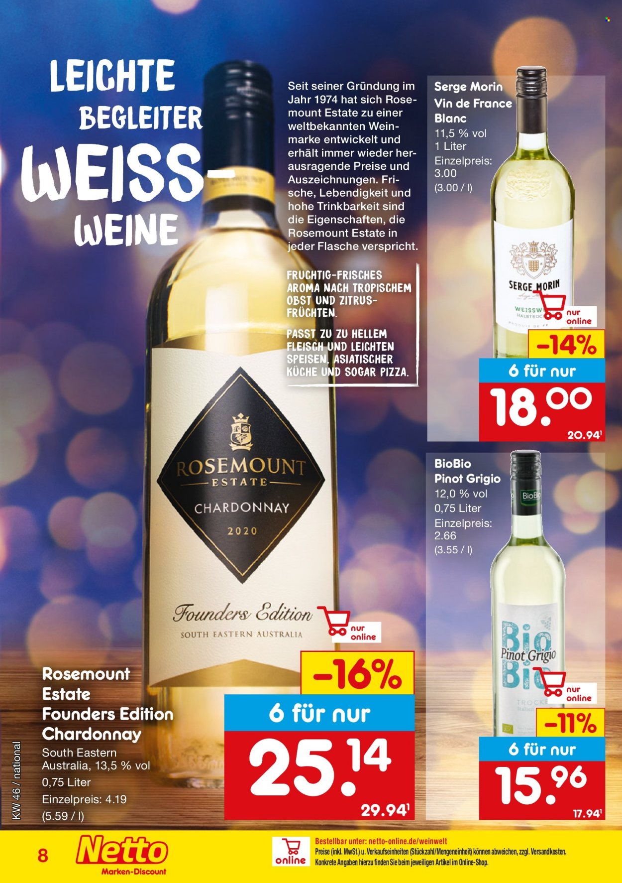 thumbnail - Prospekte Netto Marken-Discount - 14.11.2022 - 31.12.2022 - Produkte in Aktion - Alkohol, Pizza, Wein, Chardonnay, Grauburgunder, Küchen. Seite 8.