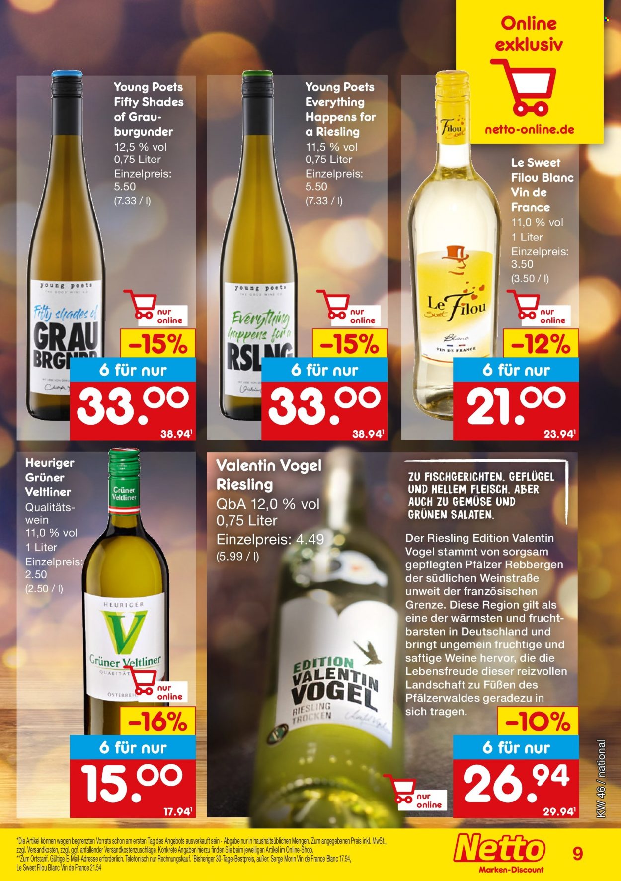 thumbnail - Prospekte Netto Marken-Discount - 14.11.2022 - 31.12.2022 - Produkte in Aktion - Alkohol, Wein, Riesling, Qualitätswein, Weißwein, Grüner Veltliner, Grauburgunder. Seite 9.