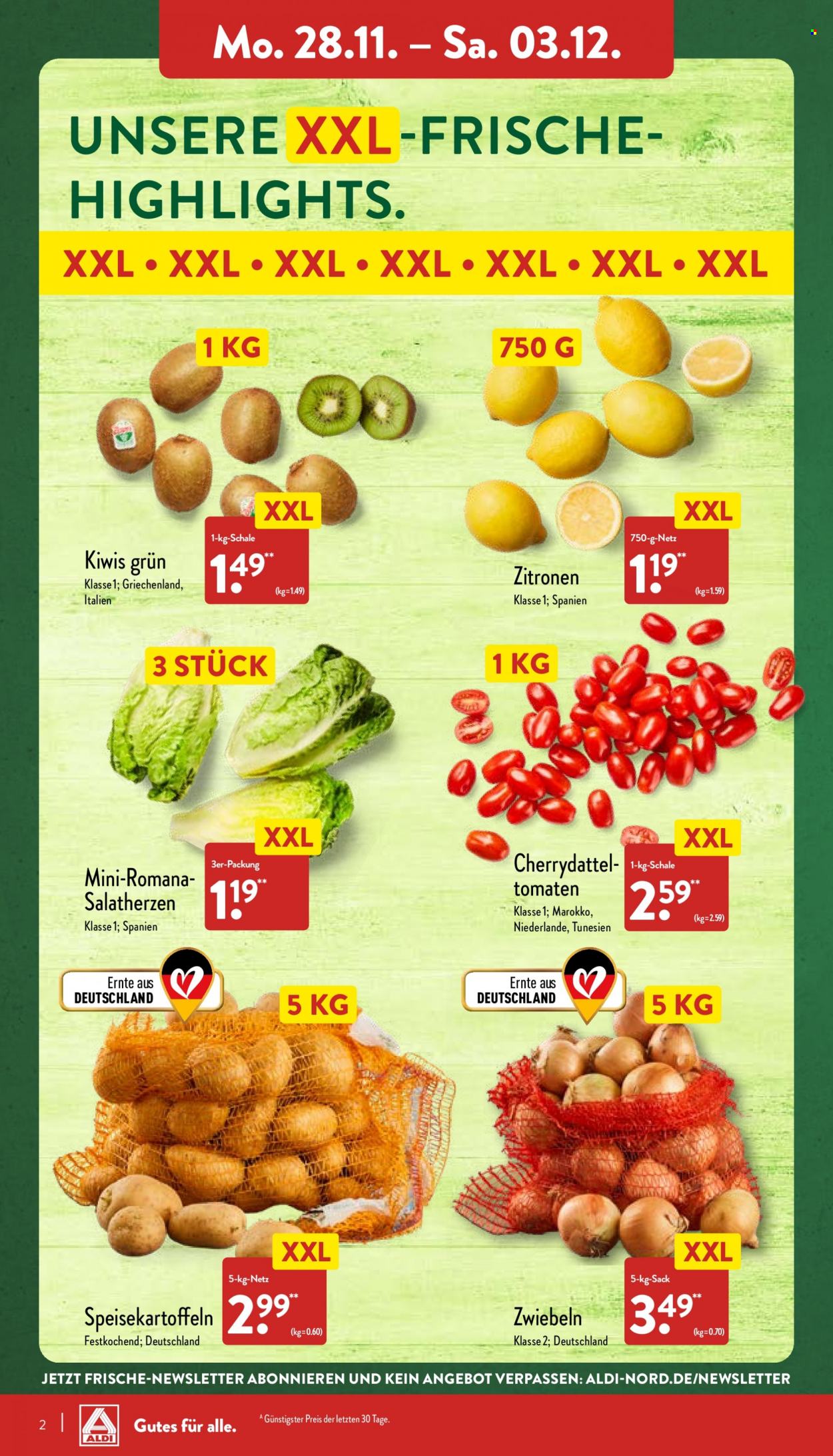 thumbnail - Prospekte ALDI Nord - 28.11.2022 - 3.12.2022 - Produkte in Aktion - Tomaten, Speisekartoffeln, Salat, Kartoffeln, Speisezwiebeln, Zitronen, Kiwi, Salami. Seite 2.