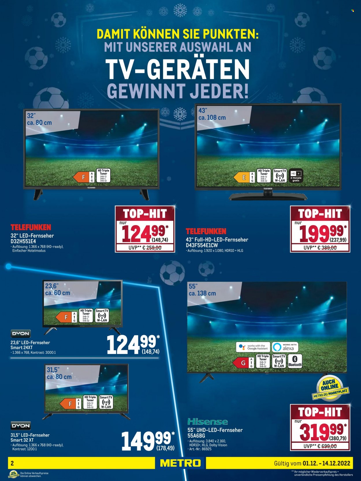 thumbnail - Prospekte Metro - 1.12.2022 - 14.12.2022 - Produkte in Aktion - Hisense, Smart TV, Telefunken. Seite 2.