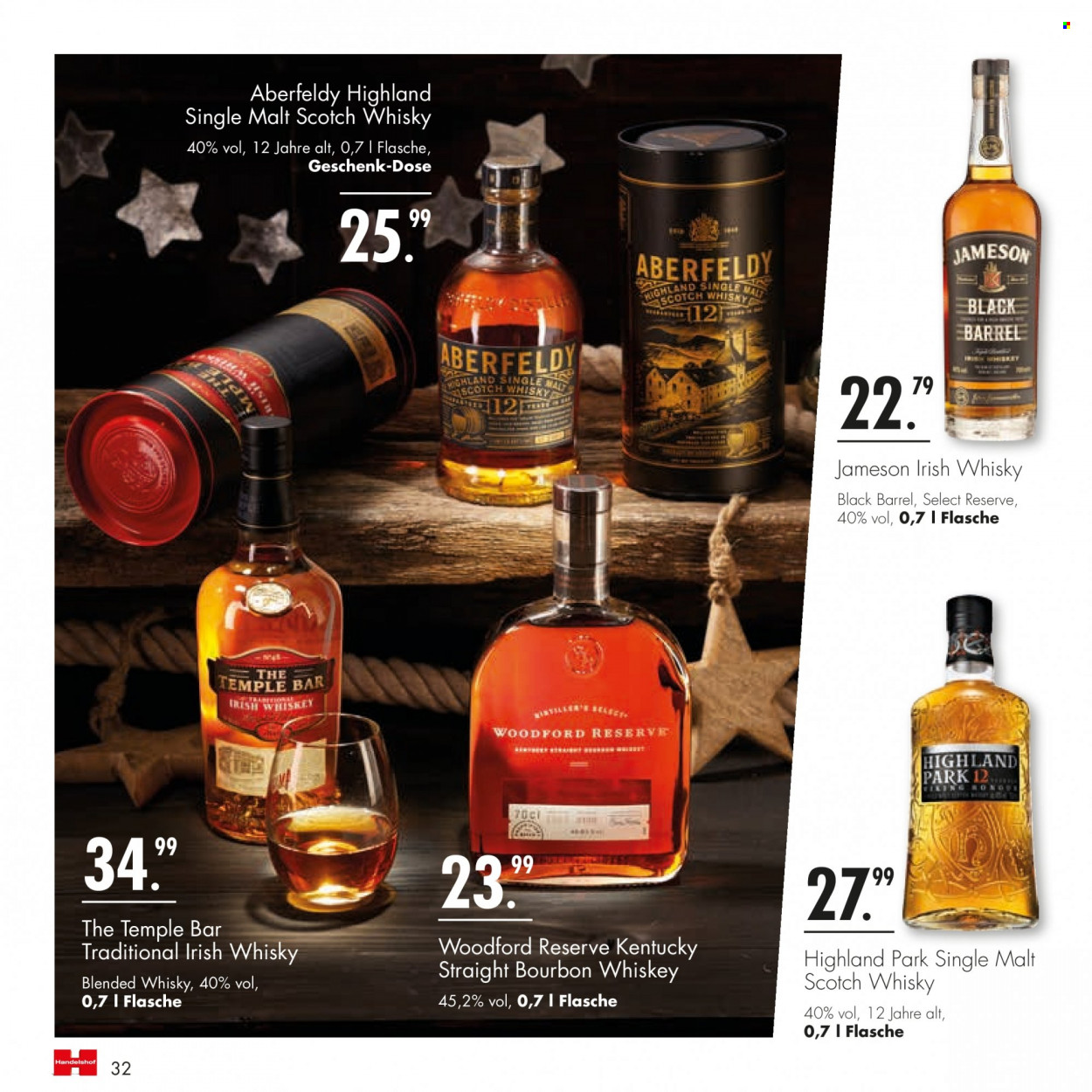 thumbnail - Prospekte Handelshof - 1.12.2022 - 31.12.2022 - Produkte in Aktion - Alkohol, Whiskey, Single Malt, Scotch Whisky, Jameson, Irish Whiskey, Bourbon Whiskey, Woodford Reserve. Seite 32.