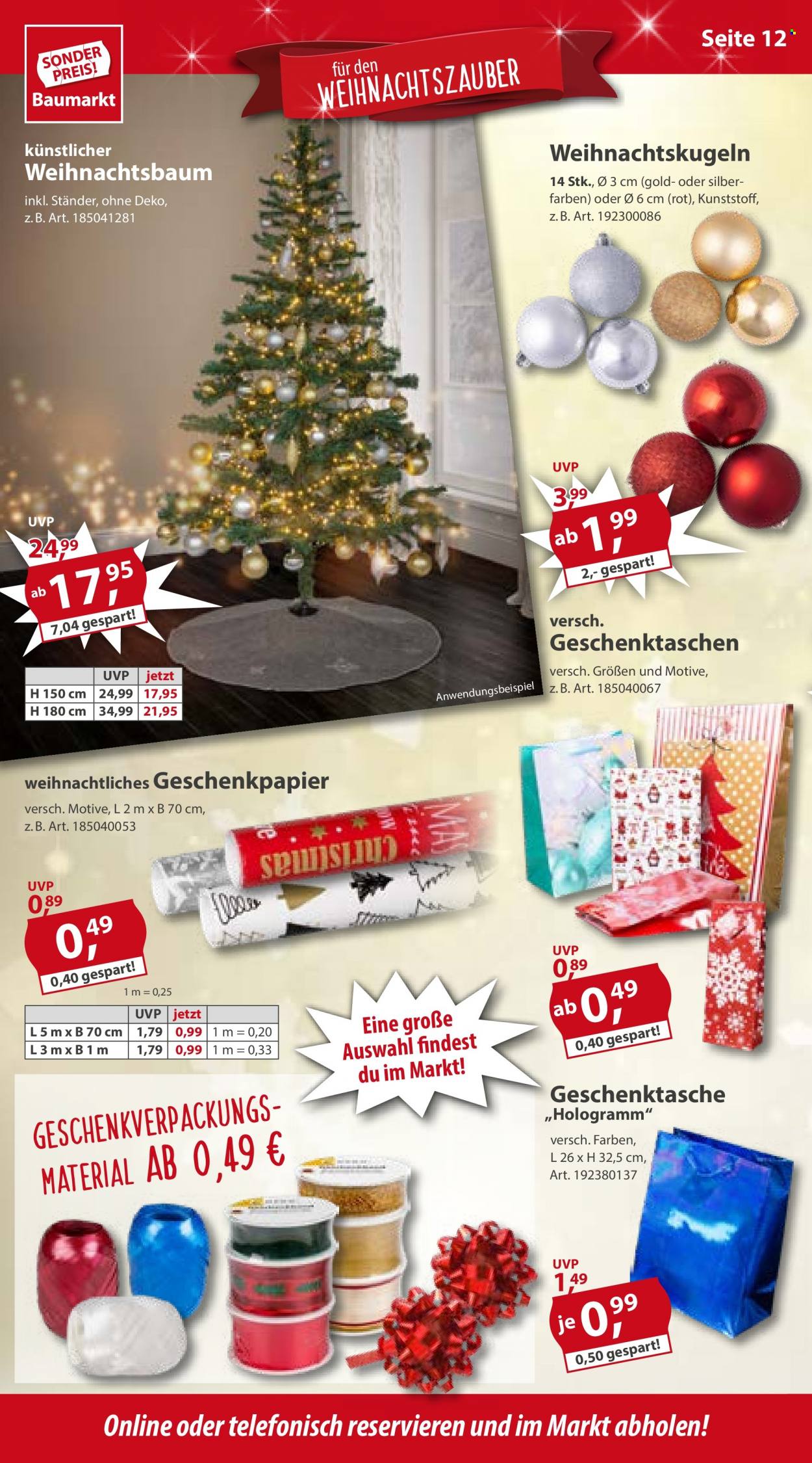 thumbnail - Prospekte Sonderpreis-Baumarkt - 3.12.2022 - 9.12.2022 - Produkte in Aktion - Geschenkpapier, Geschenktasche, Weihnachtsbaum, Weihnachtskugeln. Seite 12.