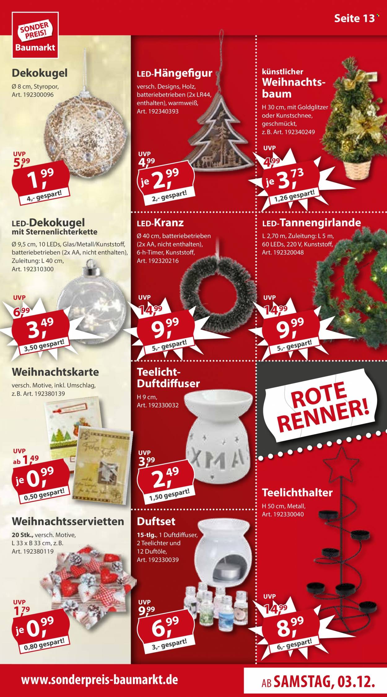 thumbnail - Prospekte Sonderpreis-Baumarkt - 3.12.2022 - 9.12.2022 - Produkte in Aktion - Weihnachts-Servietten, Weihnachtsbaum, Teelichthalter, Tannengirlande, Kranz, Holz. Seite 13.