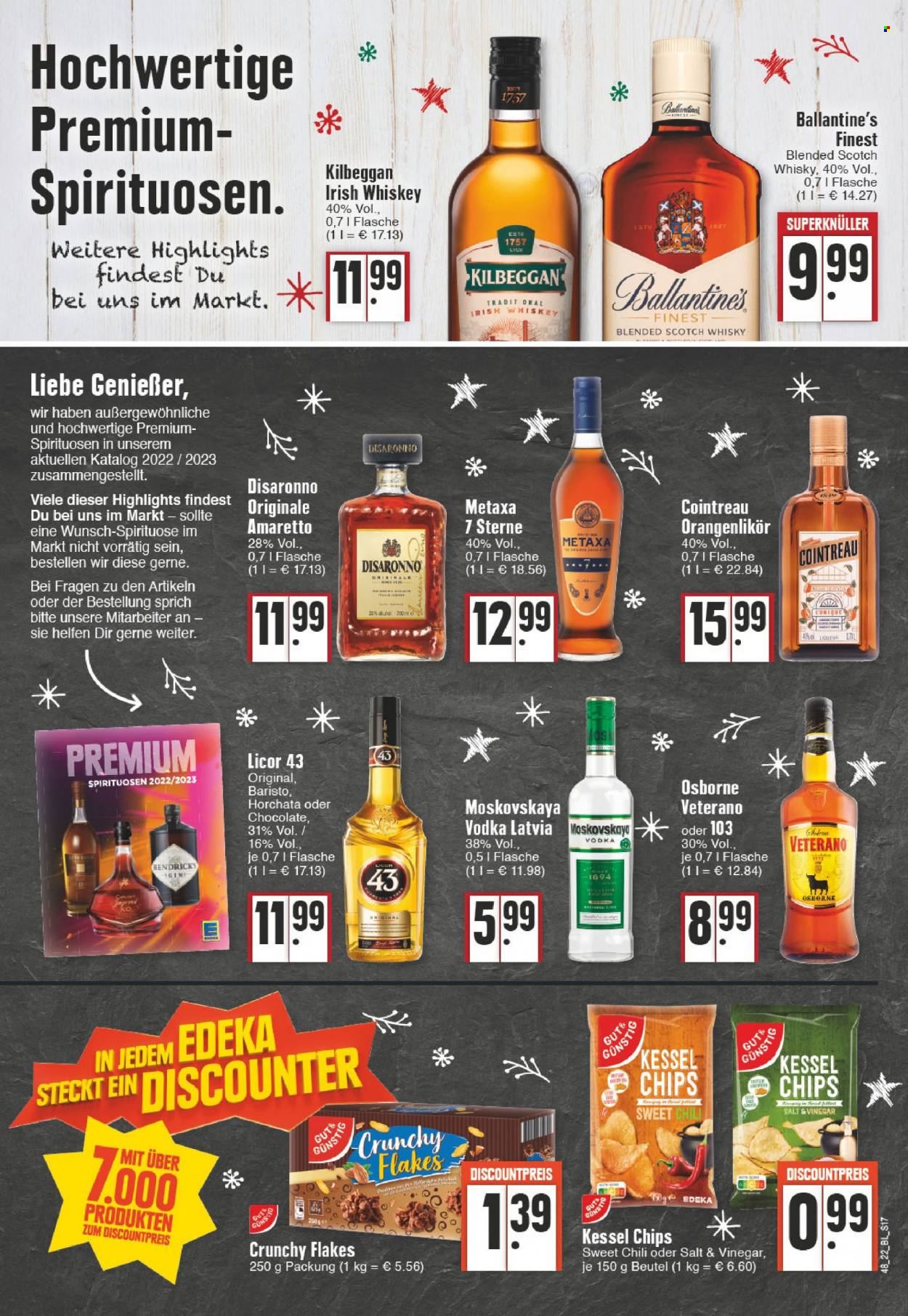thumbnail - Prospekte Edeka - 28.11.2022 - 3.12.2022 - Produkte in Aktion - Alkohol, Chips, Blended Scotch Whisky, Whiskey, Vodka, Scotch Whisky, Licor 43, Irish Whiskey, Amaretto, Metaxa, Ballantine's, Veterano, Moskovskaya. Seite 18.