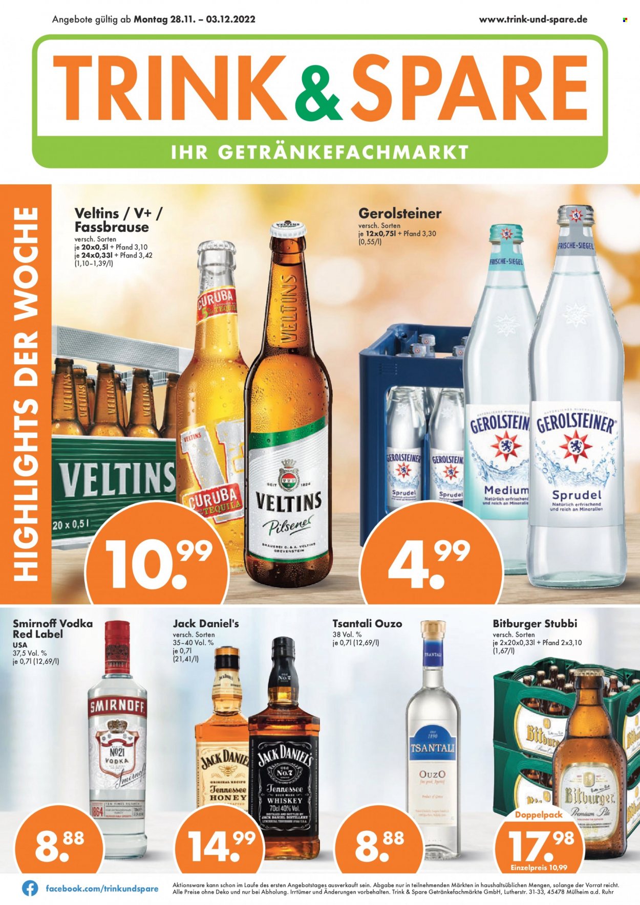 thumbnail - Prospekte Trink & Spare - 28.11.2022 - 3.12.2022 - Produkte in Aktion - Bitburger, Bier, Alkohol, Veltins, Mineralwasser, Gerolsteiner, Vodka, Jack Daniel’s, Ouzo, Smirnoff. Seite 1.