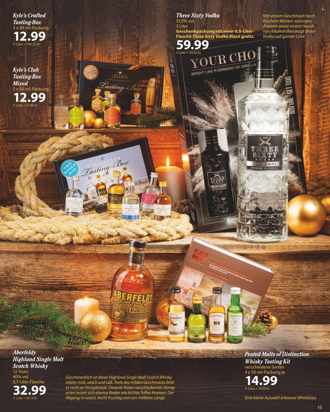 thumbnail - Prospekte famila - 28.11.2022 - 10.12.2022 - Produkte in Aktion - Alkohol, Honig, Whiskey, Vodka, Single Malt, Scotch Whisky, Grappa, Bowmore, Three Sixty. Seite 15.