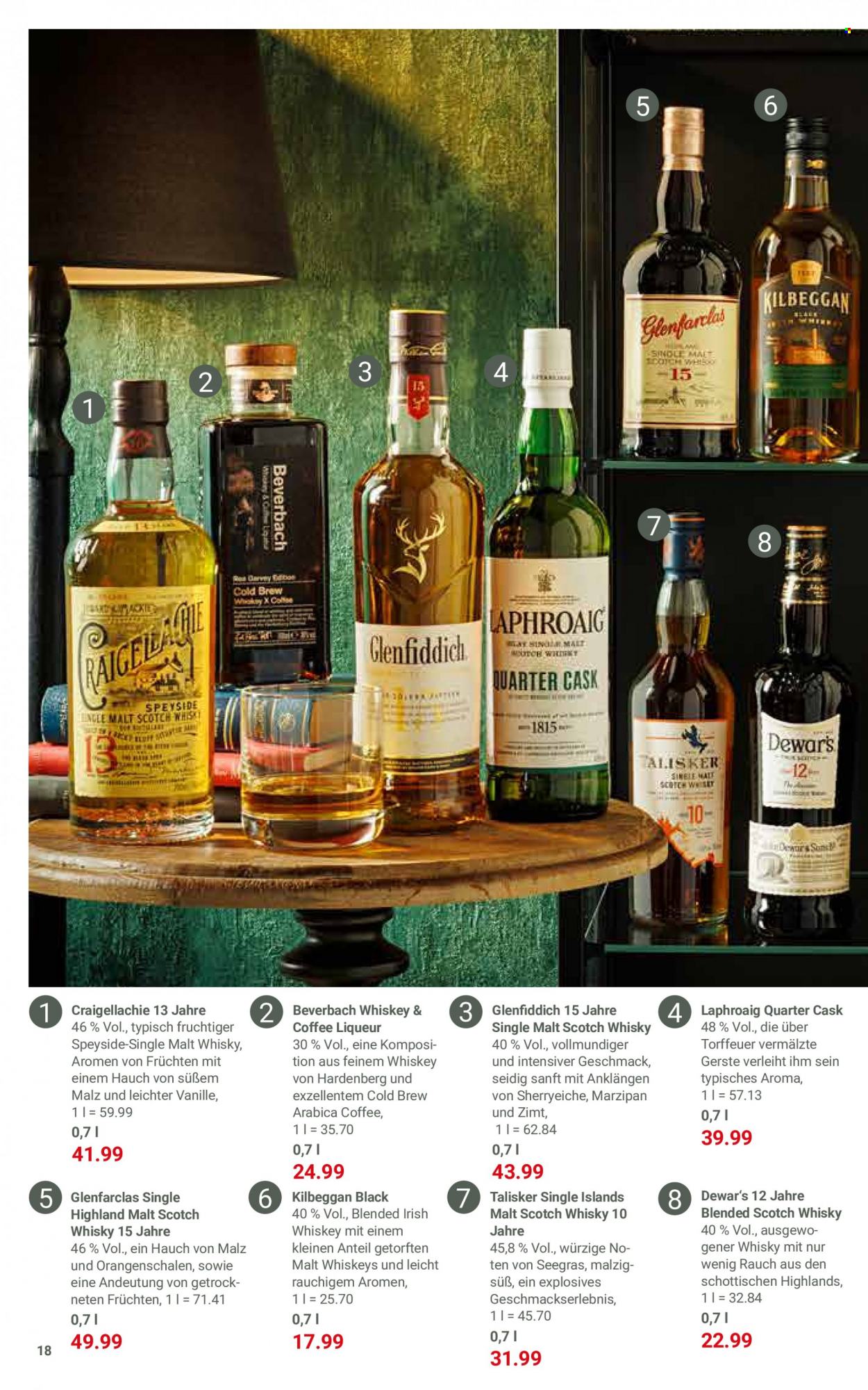 thumbnail - Prospekte Globus - 28.11.2022 - 24.12.2022 - Produkte in Aktion - Alkohol, Marzipan, Rauch, Blended Scotch Whisky, Whiskey, Single Malt, Scotch Whisky, Irish Whiskey, Likör, Dewar‘s, Talisker. Seite 18.