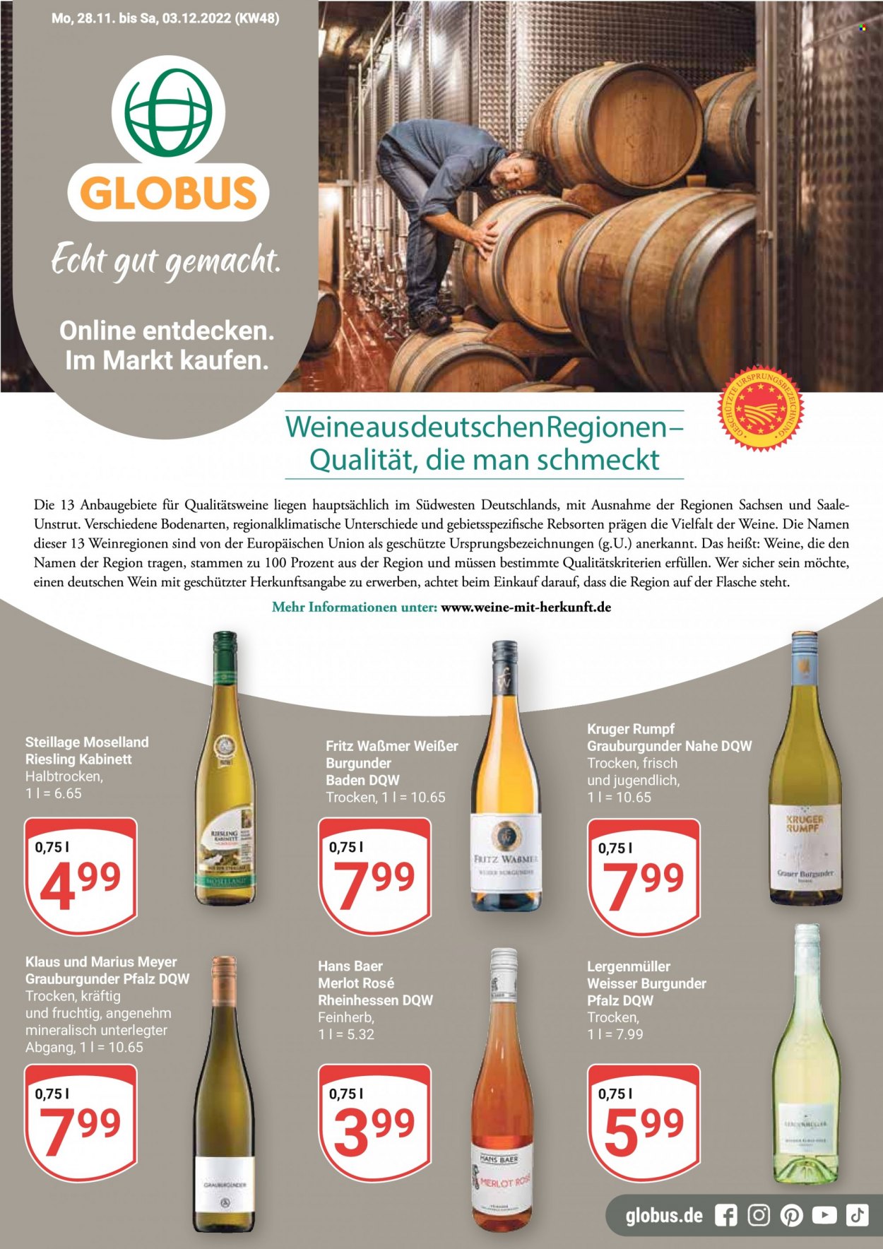 thumbnail - Prospekte Globus - 28.11.2022 - 3.12.2022 - Produkte in Aktion - Alkohol, Wein, Riesling, Merlot, Burgunder, Weißburgunder, Grauburgunder, Kabinett. Seite 1.