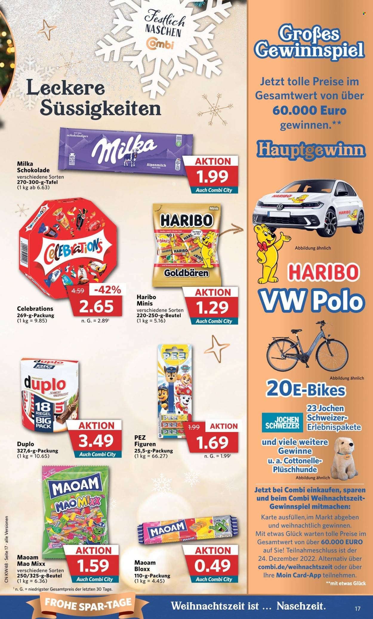 thumbnail - Prospekte Combi - 28.11.2022 - 3.12.2022 - Produkte in Aktion - Milka, Duplo, Schokolade, Haribo, Riegel, Bonbons, Cottonelle. Seite 17.