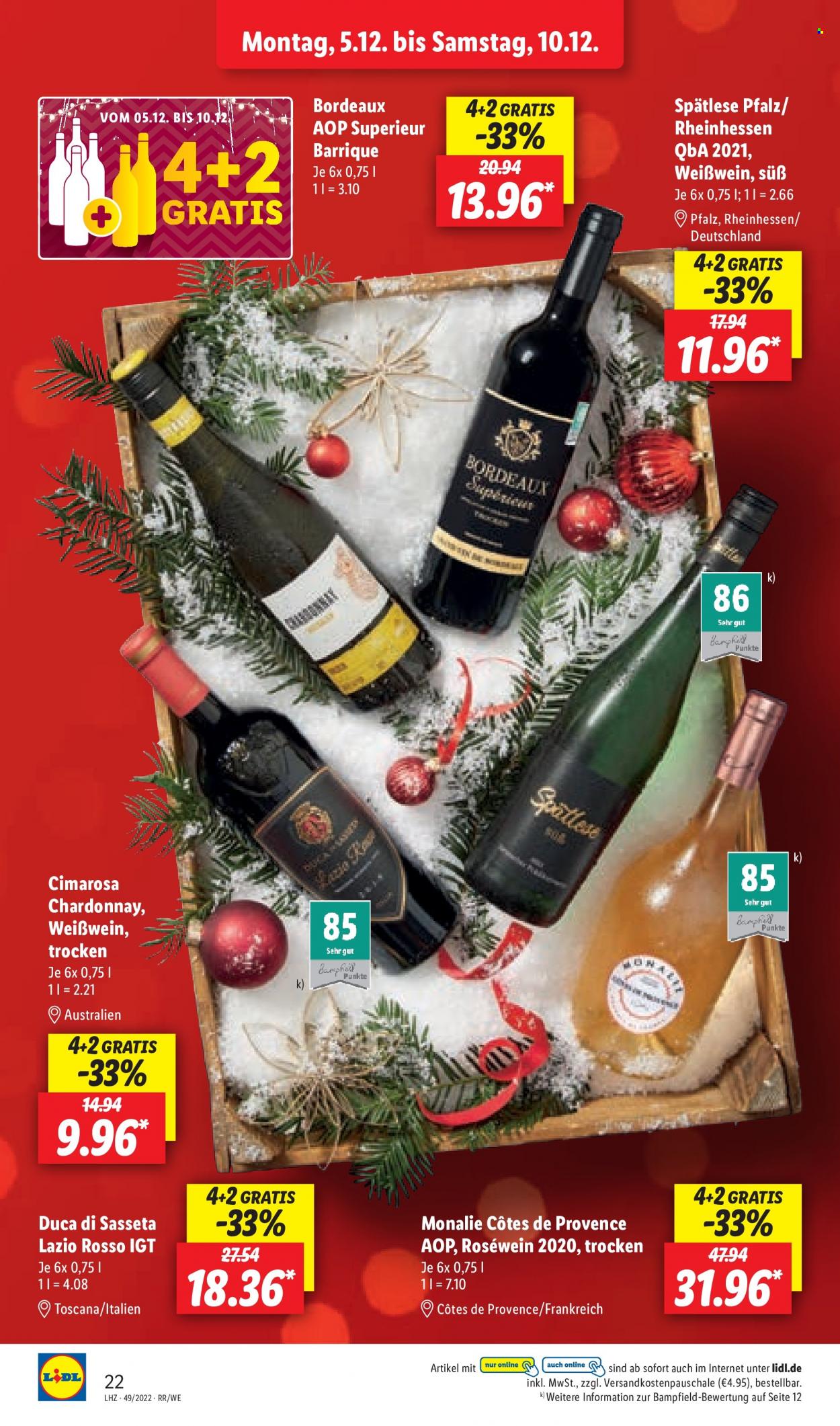 thumbnail - Prospekte Lidl - 5.12.2022 - 10.12.2022 - Produkte in Aktion - Alkohol, Wein, Chardonnay, Côtes de Provence, Weißwein, Roséwein. Seite 22.