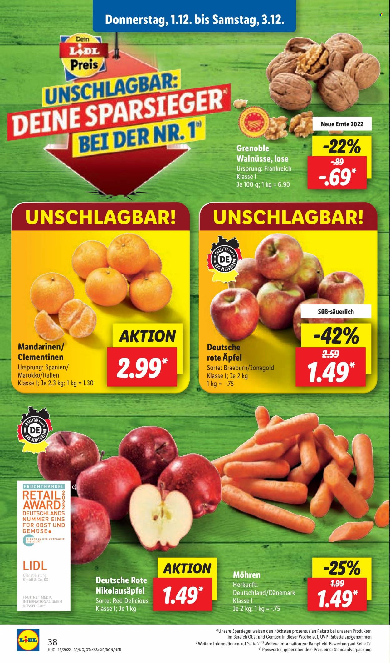 thumbnail - Prospekte Lidl - 28.11.2022 - 3.12.2022 - Produkte in Aktion - Möhren, Äpfel, Mandarinen, Clementinen. Seite 38.