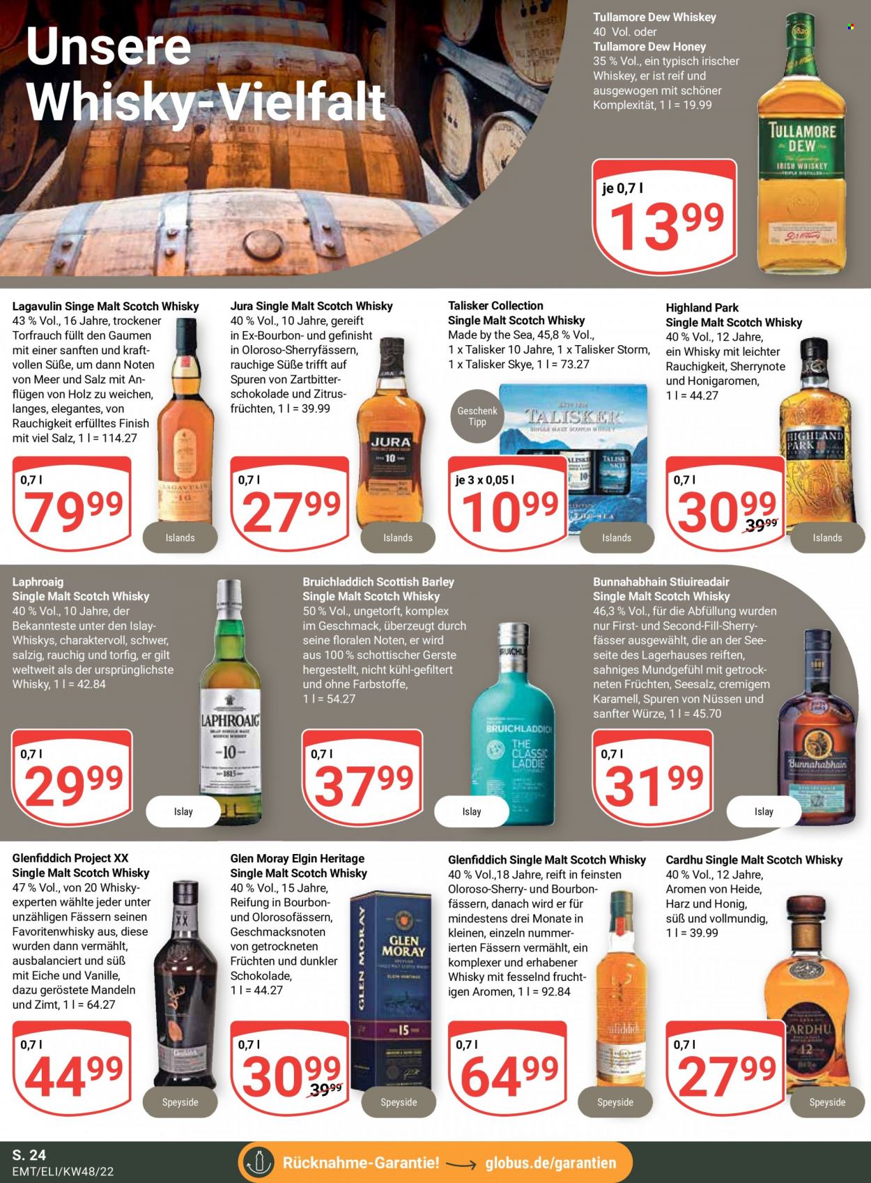 thumbnail - Prospekte Globus - 28.11.2022 - 3.12.2022 - Produkte in Aktion - Alkohol, Karamell, Mandeln, Whiskey, Single Malt, Scotch Whisky, Irish Whiskey, Tullamore Dew, Talisker, Finish. Seite 24.