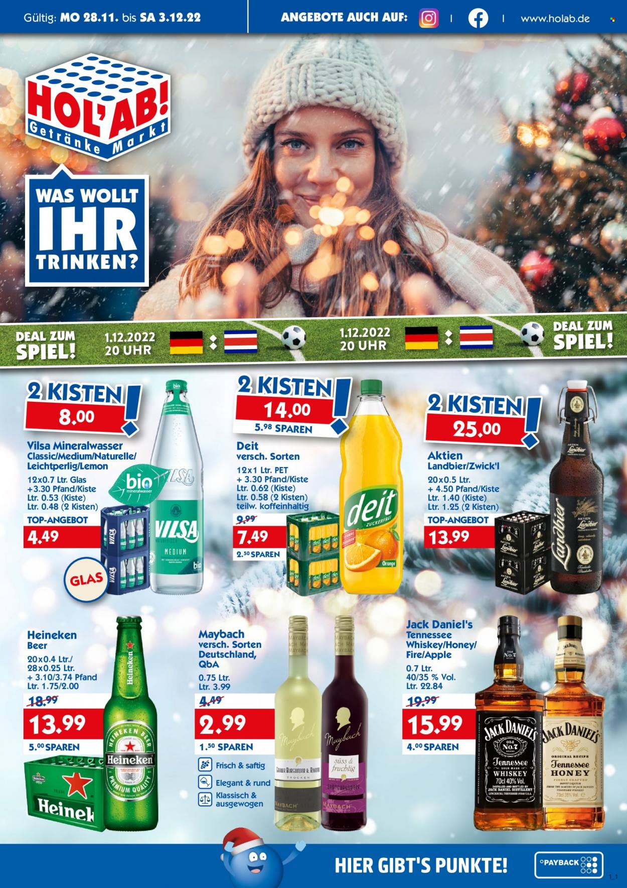 thumbnail - Prospekte Hol'ab! Getränkemarkt - 28.11.2022 - 3.12.2022 - Produkte in Aktion - Bier, Heineken, Alkohol, Vilsa, Mineralwasser, Jack Daniel’s. Seite 1.