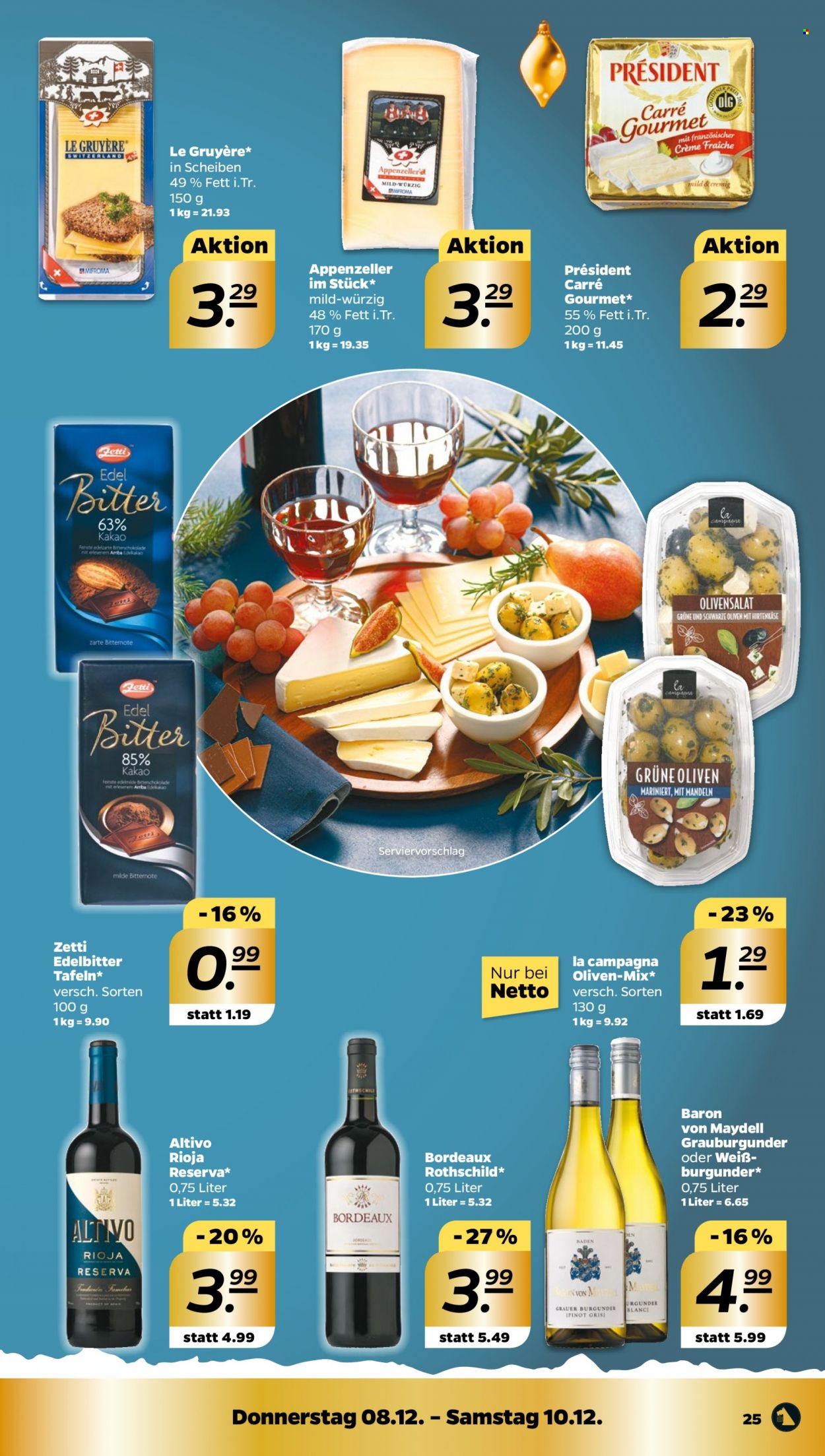 thumbnail - Prospekte Netto - 5.12.2022 - 10.12.2022 - Produkte in Aktion - Crème Fraîche, Kakao, Oliven, Wein, Rioja, Burgunder, Grauburgunder. Seite 25.