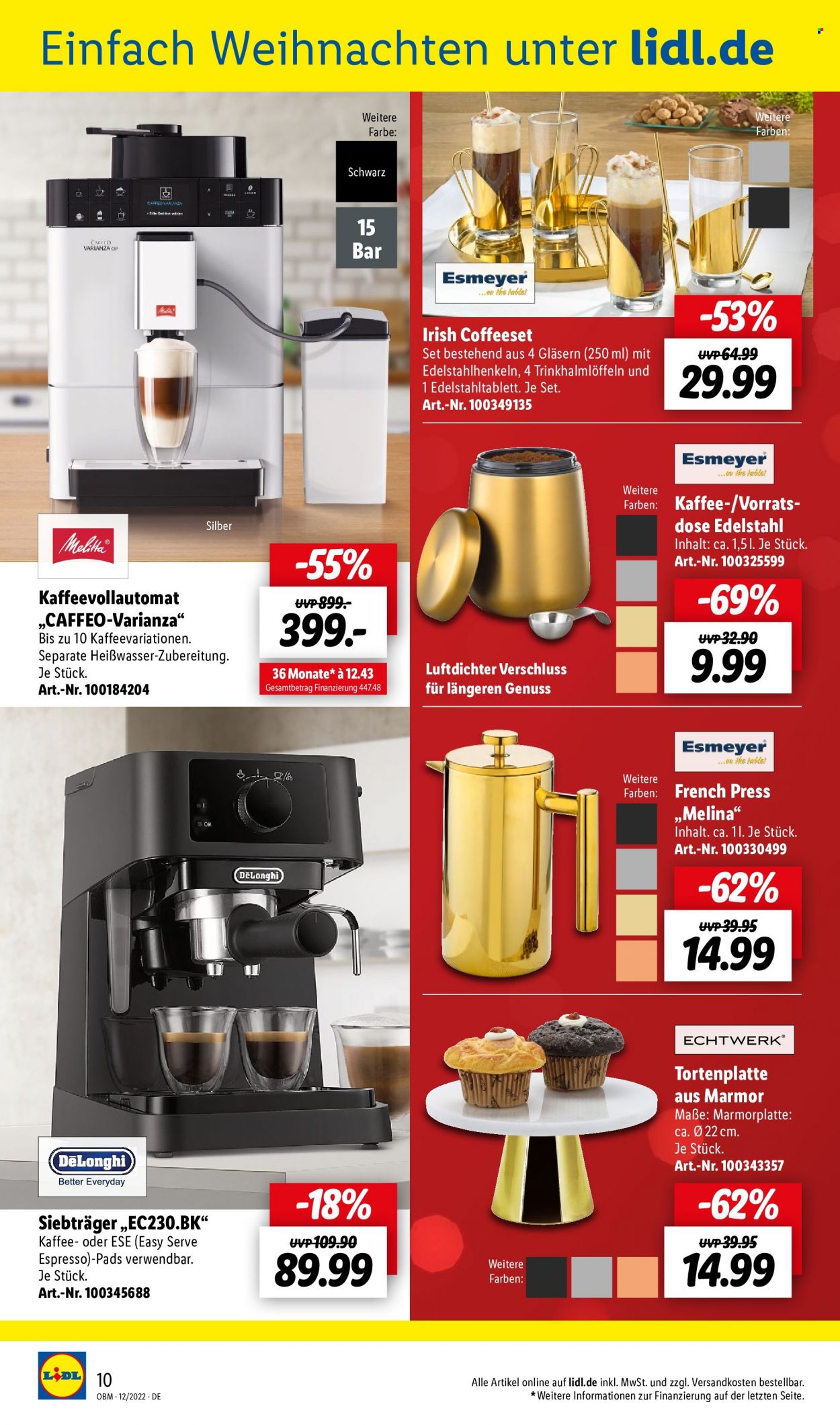thumbnail - Prospekte Lidl - 1.12.2022 - 31.12.2022 - Produkte in Aktion - Espresso, Melitta, Kaffeebereiter, Tablet, Kaffeeautomat, De'Longhi. Seite 10.