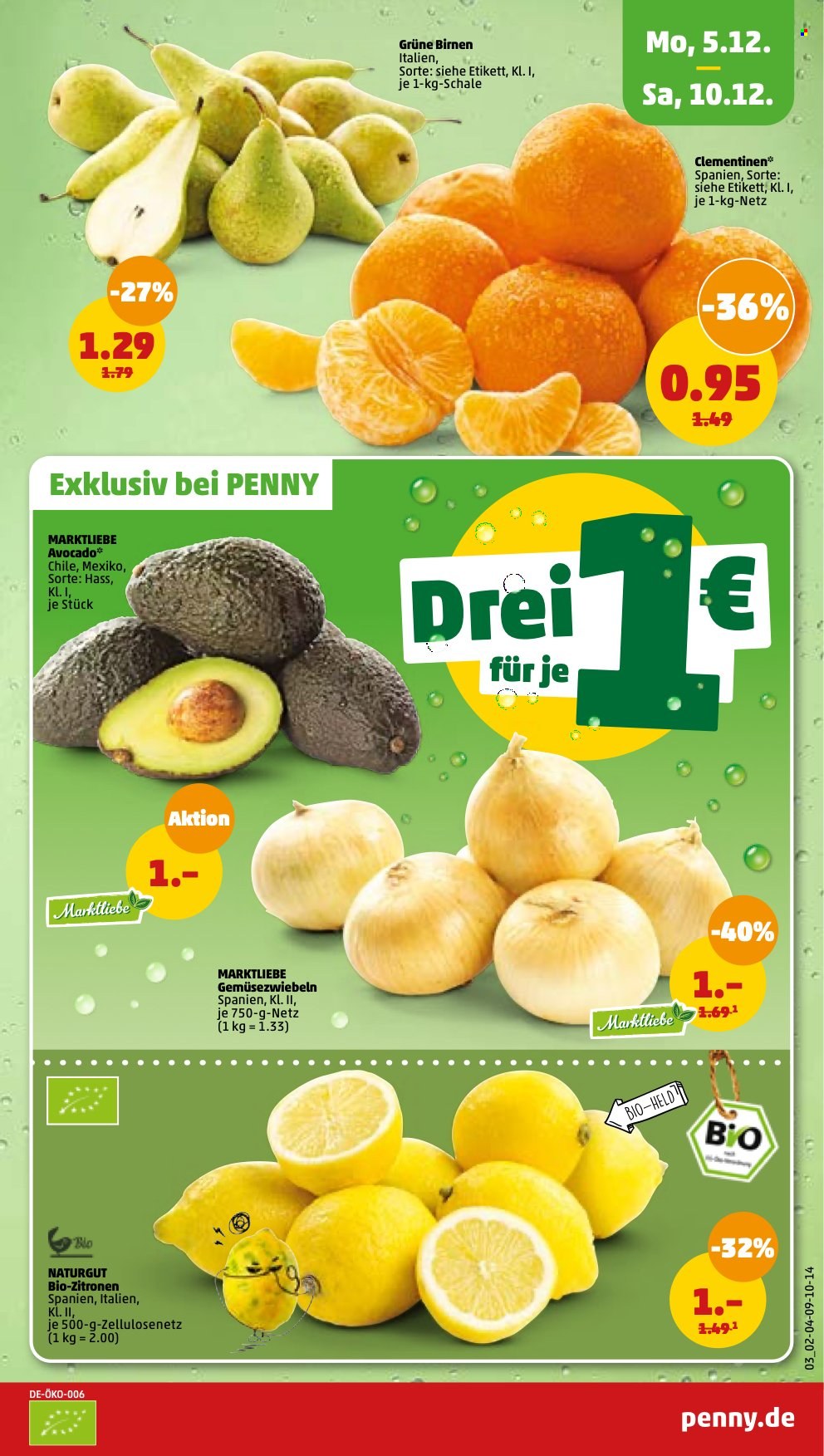thumbnail - Prospekte Penny - 5.12.2022 - 10.12.2022 - Produkte in Aktion - Gemüsezwiebel, Avocado, Birnen, Zitronen, Clementinen. Seite 3.