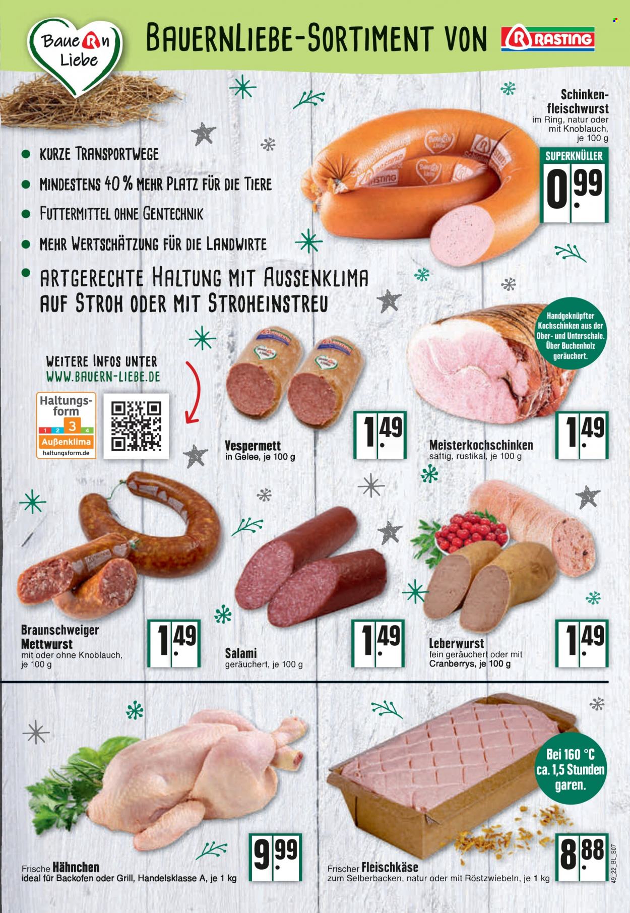 thumbnail - Prospekte Edeka - 5.12.2022 - 10.12.2022 - Produkte in Aktion - frisches Hähnchen, Wurst, Salami, Kochschinken, Fleischwurst, Mettwurst, Leberwurst. Seite 7.