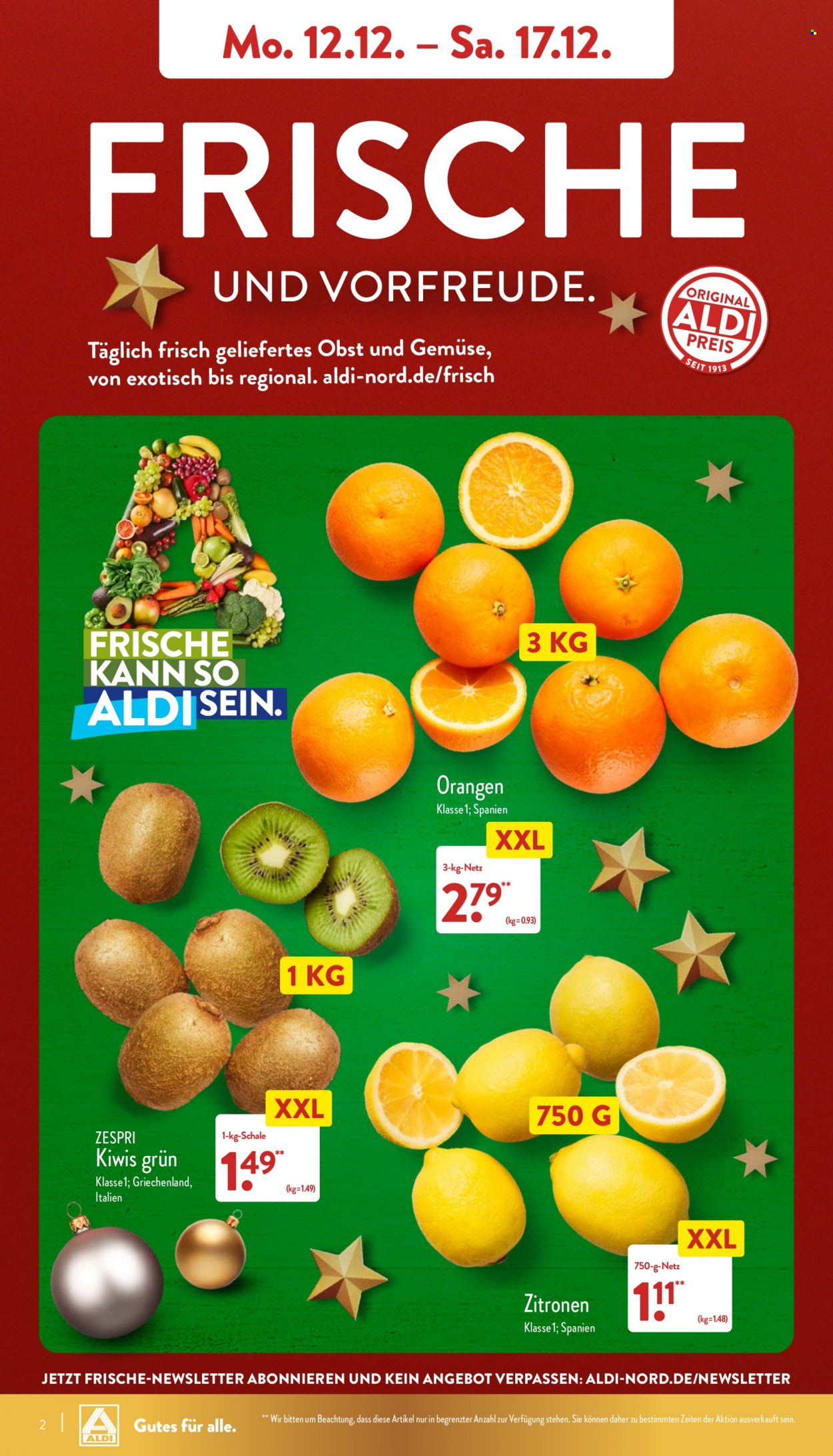 thumbnail - Prospekte ALDI Nord - 12.12.2022 - 17.12.2022 - Produkte in Aktion - Zitronen, Kiwi, Orangen. Seite 2.