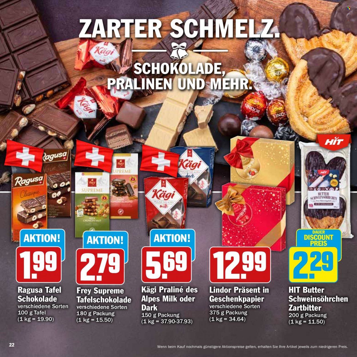 thumbnail - Prospekte Hit - 28.11.2022 - 31.12.2022 - Produkte in Aktion - Butter, Schokolade, Pralinen, Tafelschokolade, Kägi, Mandeln, Geschenkpapier. Seite 22.