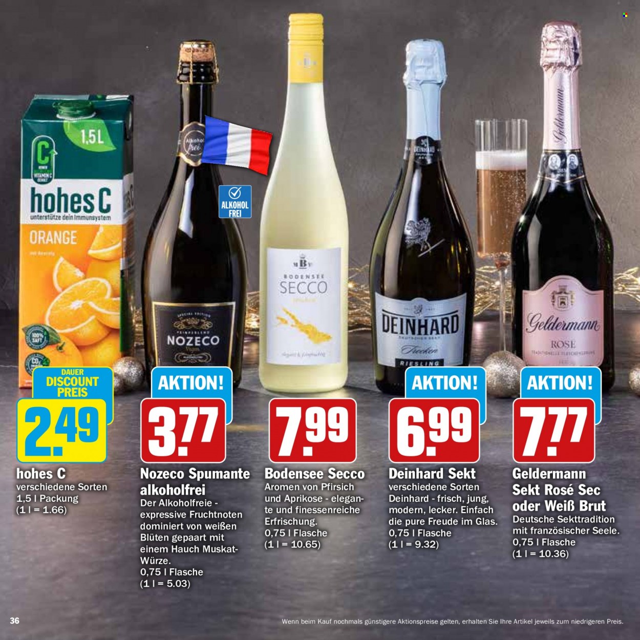 thumbnail - Prospekte Hit - 28.11.2022 - 31.12.2022 - Produkte in Aktion - Hohes C, Saft, Wein, Sekt, Vino Spumante, Riesling, Vitamin C, Vitamine. Seite 36.