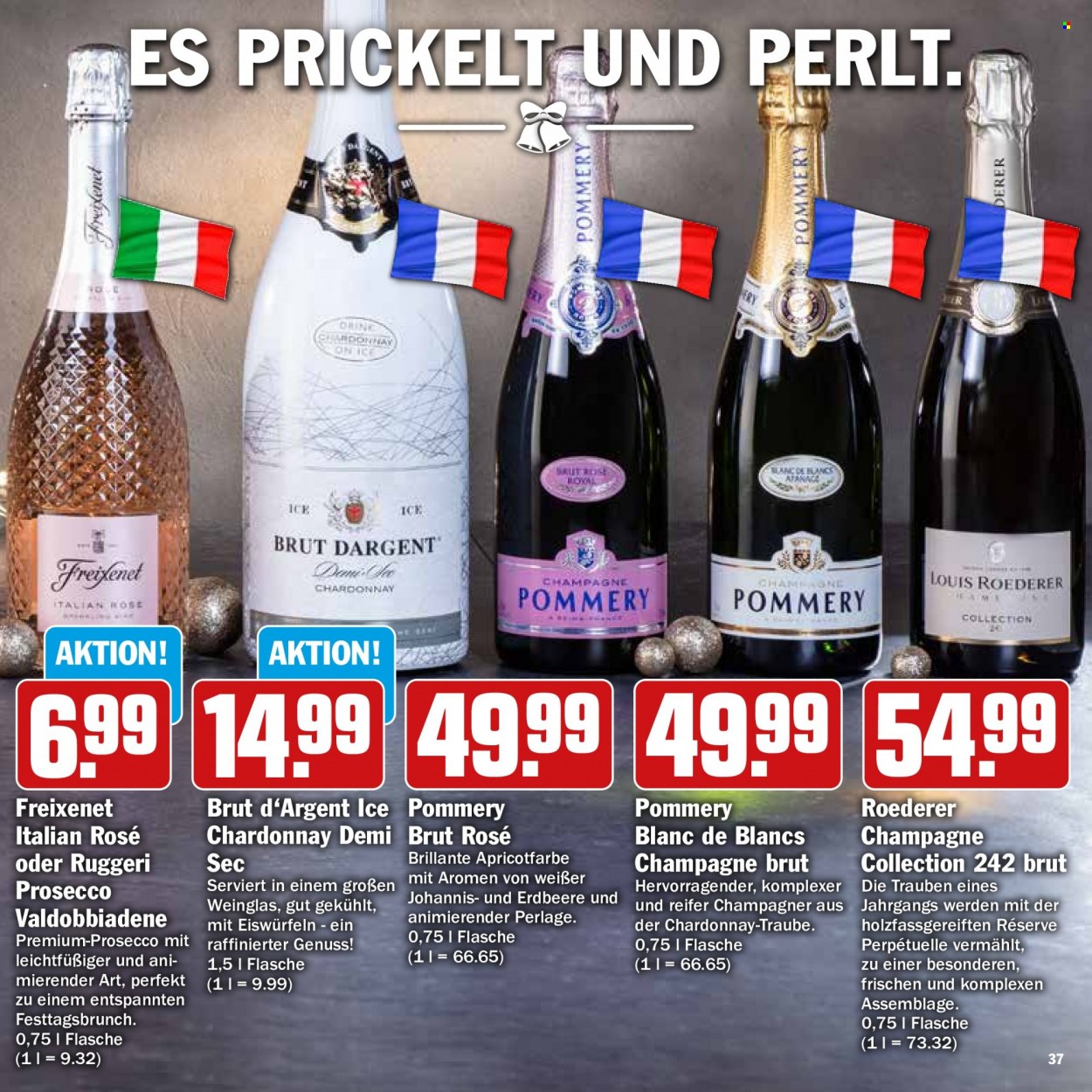 thumbnail - Prospekte Hit - 28.11.2022 - 31.12.2022 - Produkte in Aktion - Alkohol, Trauben, Sekt, Champagne, Chardonnay, Brut Dargent, Prosecco, Freixenet, Valdobbiadene. Seite 37.