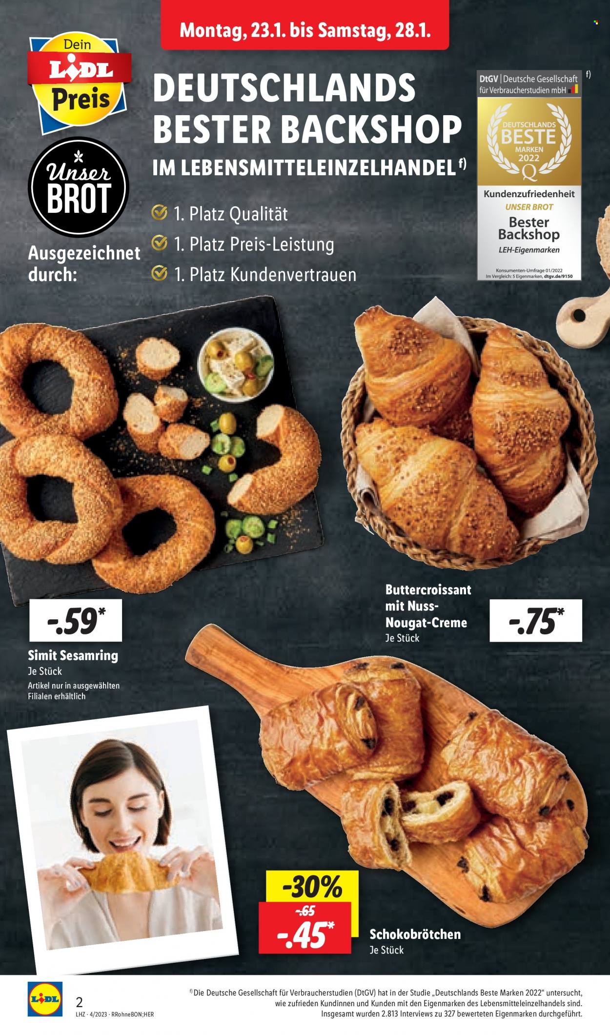 thumbnail - Prospekte Lidl - 23.01.2023 - 28.01.2023 - Produkte in Aktion - Brot, Sesamring, Croissant, Schokobrötchen. Seite 2.