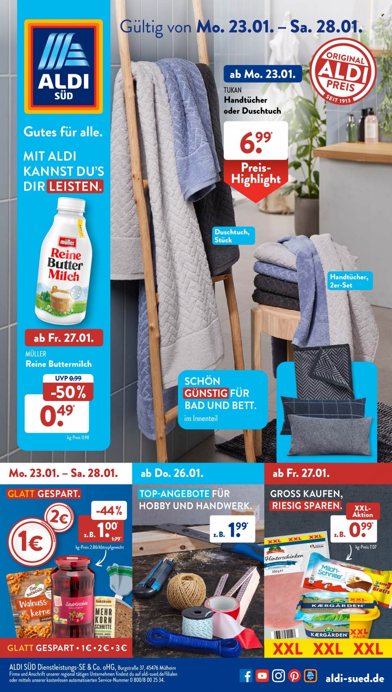thumbnail - Prospekte ALDI SÜD - 23.01.2023 - 28.01.2023 - Produkte in Aktion - Bett, Müller, Buttermilch, Duschtuch, Handtuch. Seite 1.