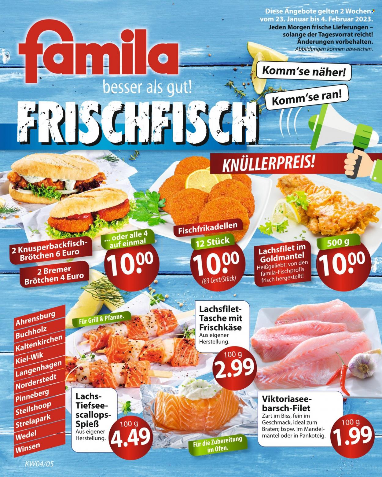 thumbnail - Prospekte famila - 23.01.2023 - 4.02.2023 - Produkte in Aktion - Fleischspieße, Brötchen, Lachs, Lachsfilet, Fischfrikadellen, Käse, Mantel, Tasche. Seite 1.