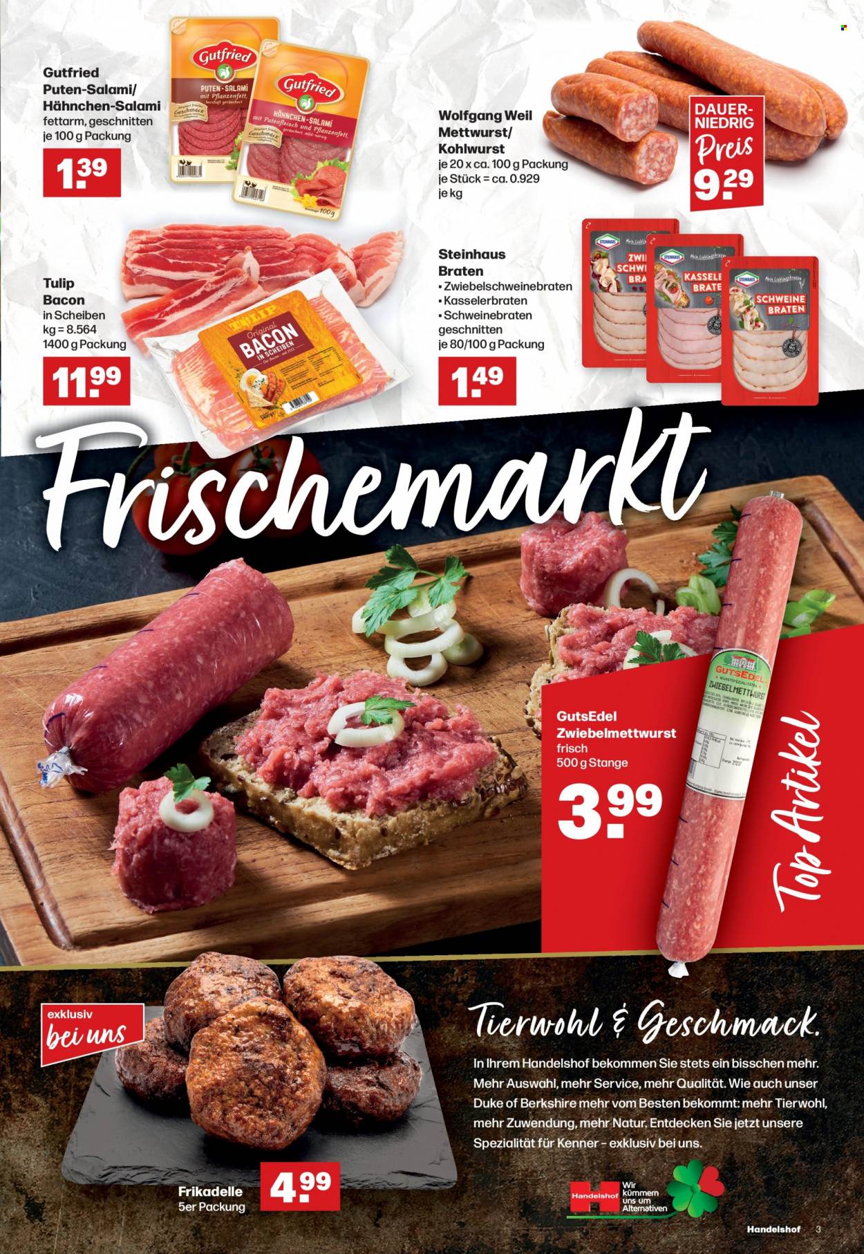thumbnail - Prospekte Handelshof - 2.02.2023 - 8.02.2023 - Produkte in Aktion - Putenfleisch, Schweinebraten, Salami, Bacon, Mettwurst, Kasselerbraten, Tulip. Seite 3.