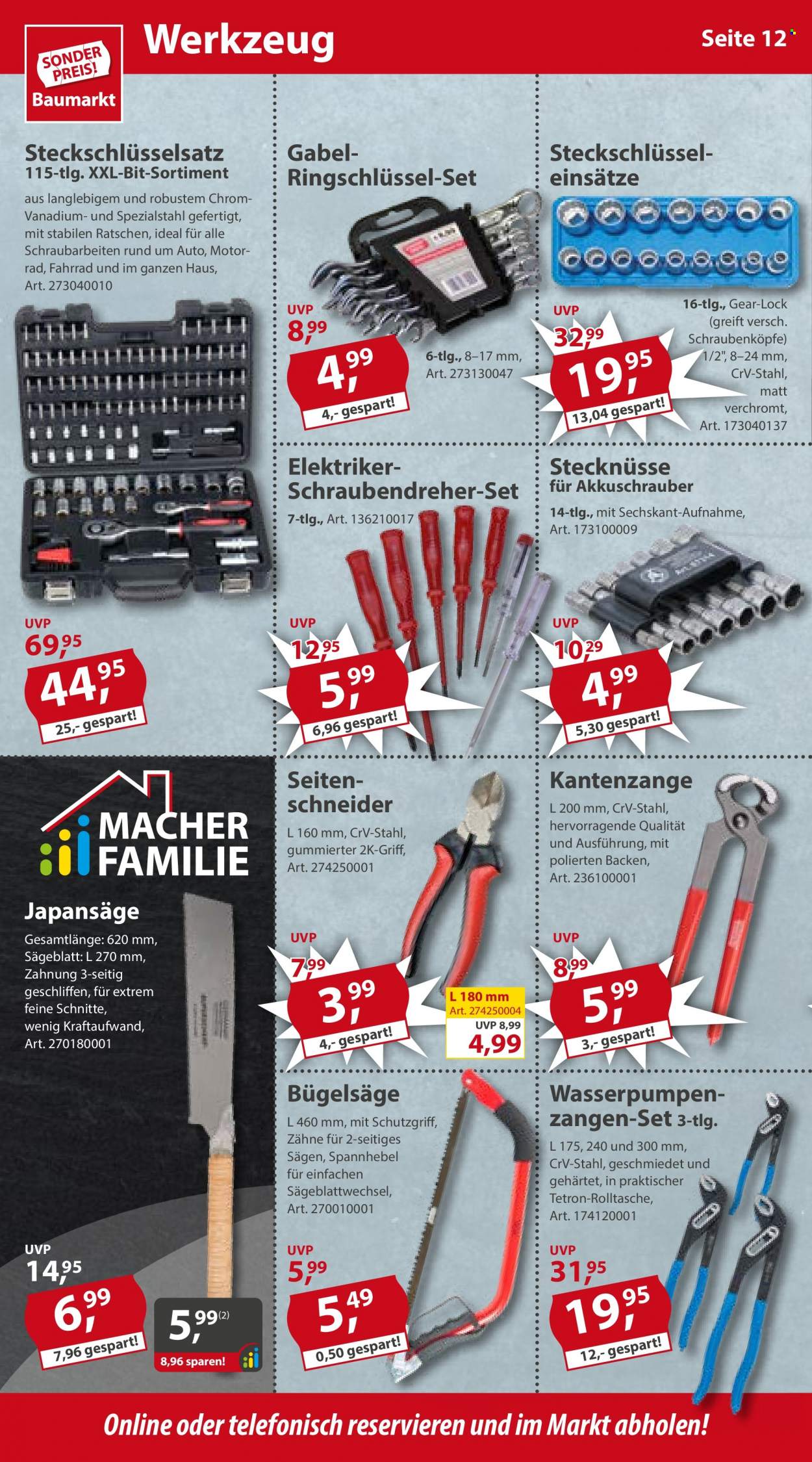 thumbnail - Prospekte Sonderpreis-Baumarkt - 4.02.2023 - 10.02.2023 - Produkte in Aktion - Japansäge, Zangen, Steckschlüsselsatz. Seite 12.