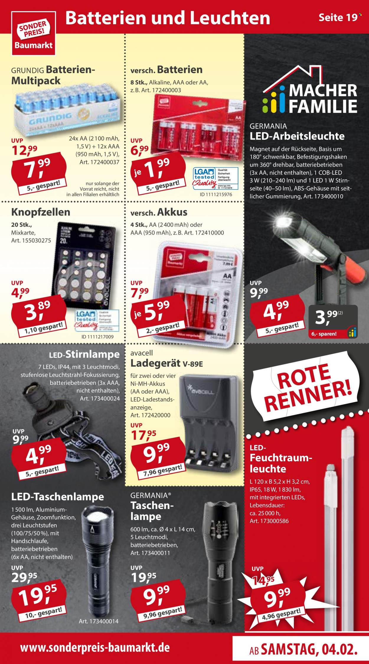 thumbnail - Prospekte Sonderpreis-Baumarkt - 4.02.2023 - 10.02.2023 - Produkte in Aktion - Grundig, Taschenlampe, Lampe, Arbeitsleuchte. Seite 19.