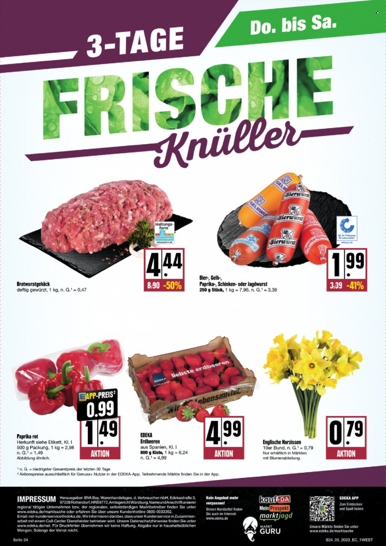 thumbnail - Prospekte Edeka - 30.01.2023 - 4.02.2023 - Produkte in Aktion - Bier, Paprika, Erdbeeren, Wurst, Schinken, Jagdwurst, Narzissen. Seite 24.