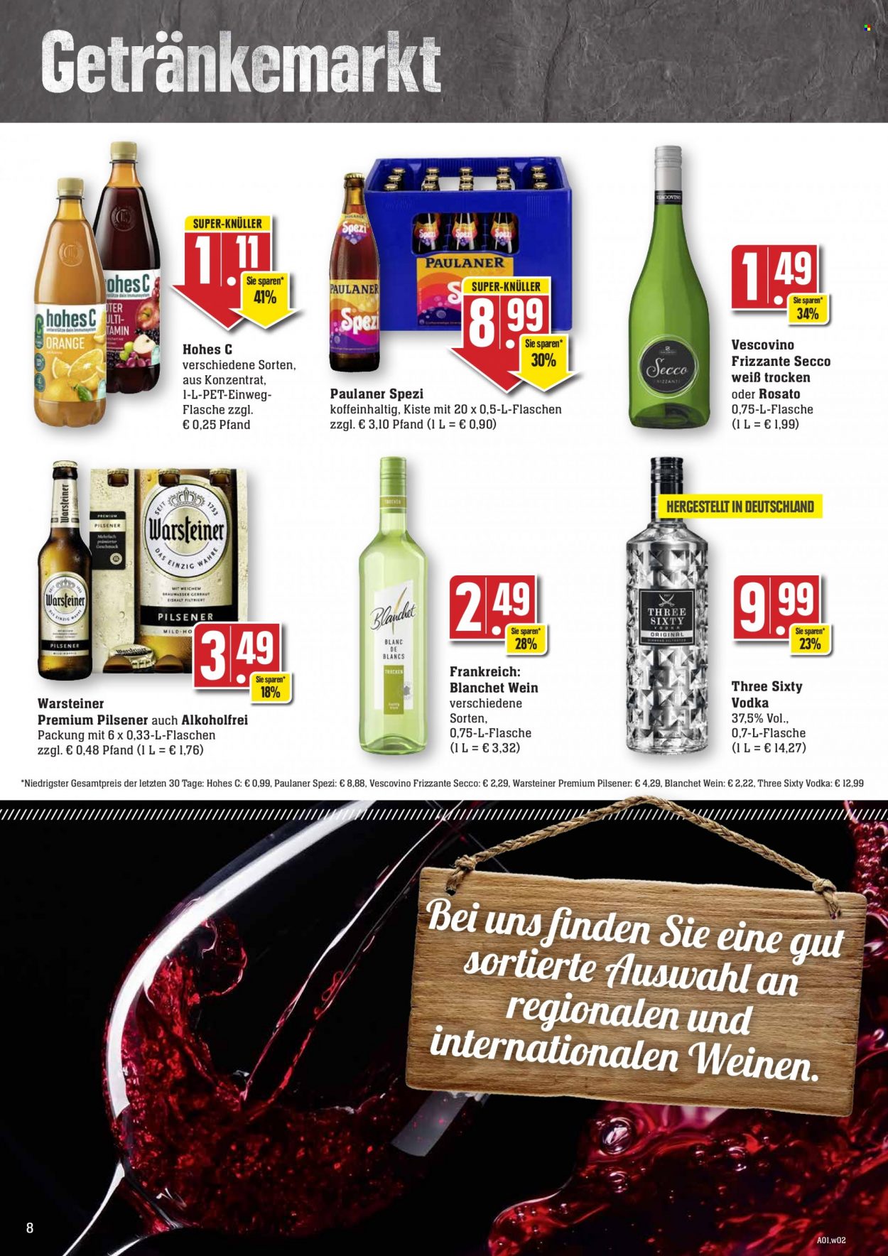 thumbnail - Prospekte Edeka - 30.01.2023 - 4.02.2023 - Produkte in Aktion - Warsteiner, Paulaner, Hohes C, Limonade, Saft, Spezi, Wein, Frizzante, Vodka, Three Sixty. Seite 8.