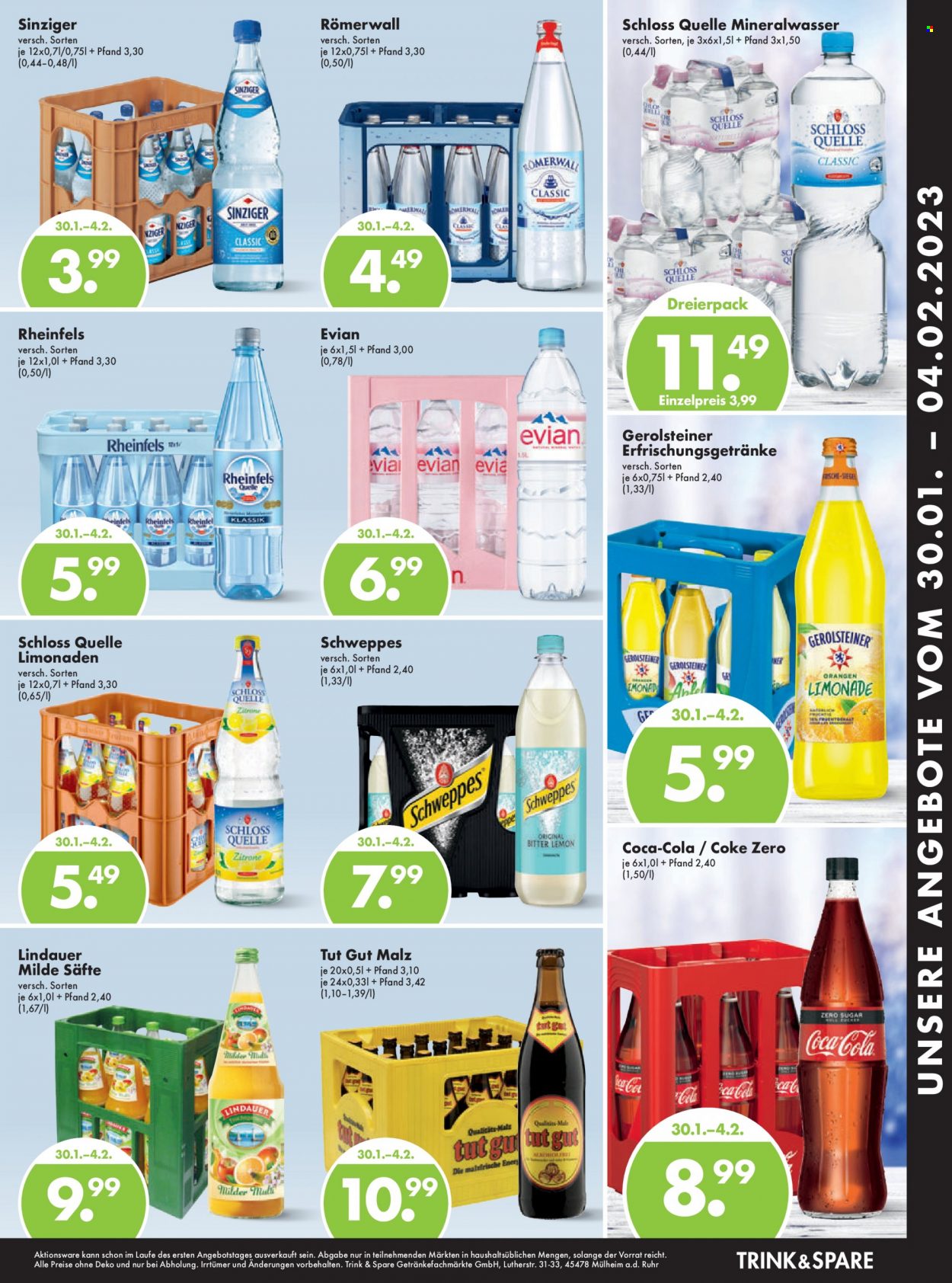 thumbnail - Prospekte Trink & Spare - 30.01.2023 - 4.02.2023 - Produkte in Aktion - Coca-Cola, Limonade, Saft, Schweppes, Mineralwasser, Gerolsteiner. Seite 3.