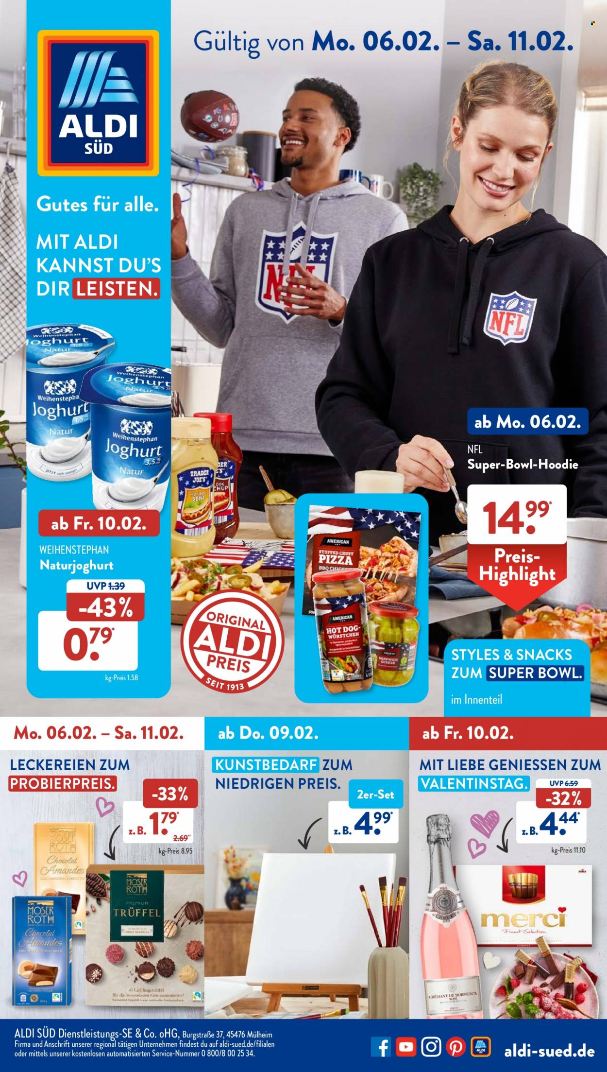 thumbnail - Prospekte ALDI SÜD - 6.02.2023 - 11.02.2023 - Produkte in Aktion - Joghurt, Weihenstephan, Kapuzensweatshirt. Seite 1.