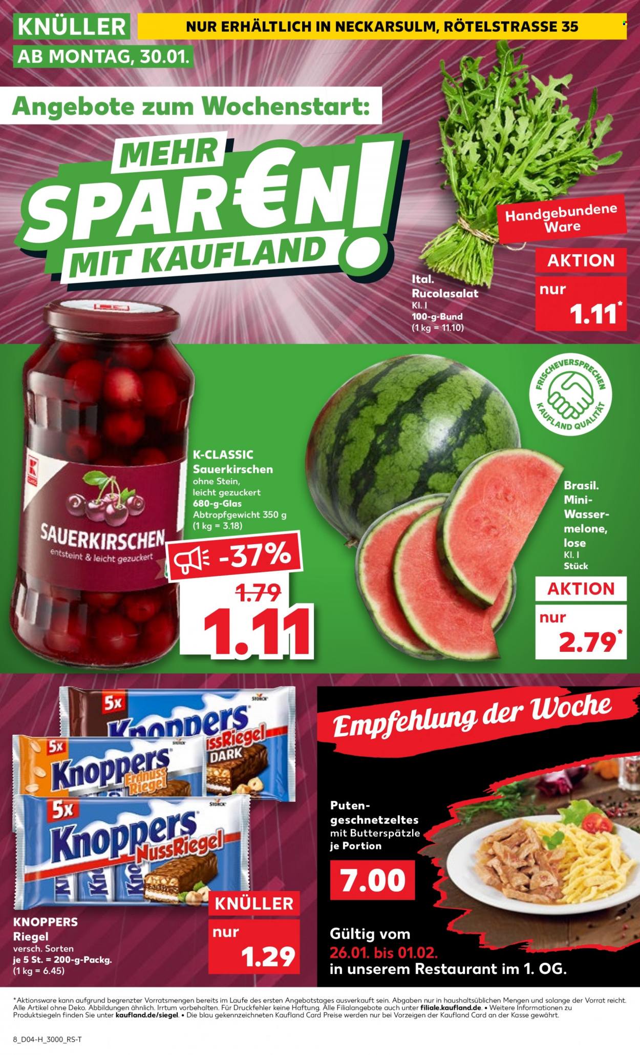 thumbnail - Prospekte Kaufland - 26.01.2023 - 1.02.2023 - Produkte in Aktion - Putenfleisch, Putengeschnetzeltes, Knoppers, Riegel, Sauerkirschen. Seite 8.