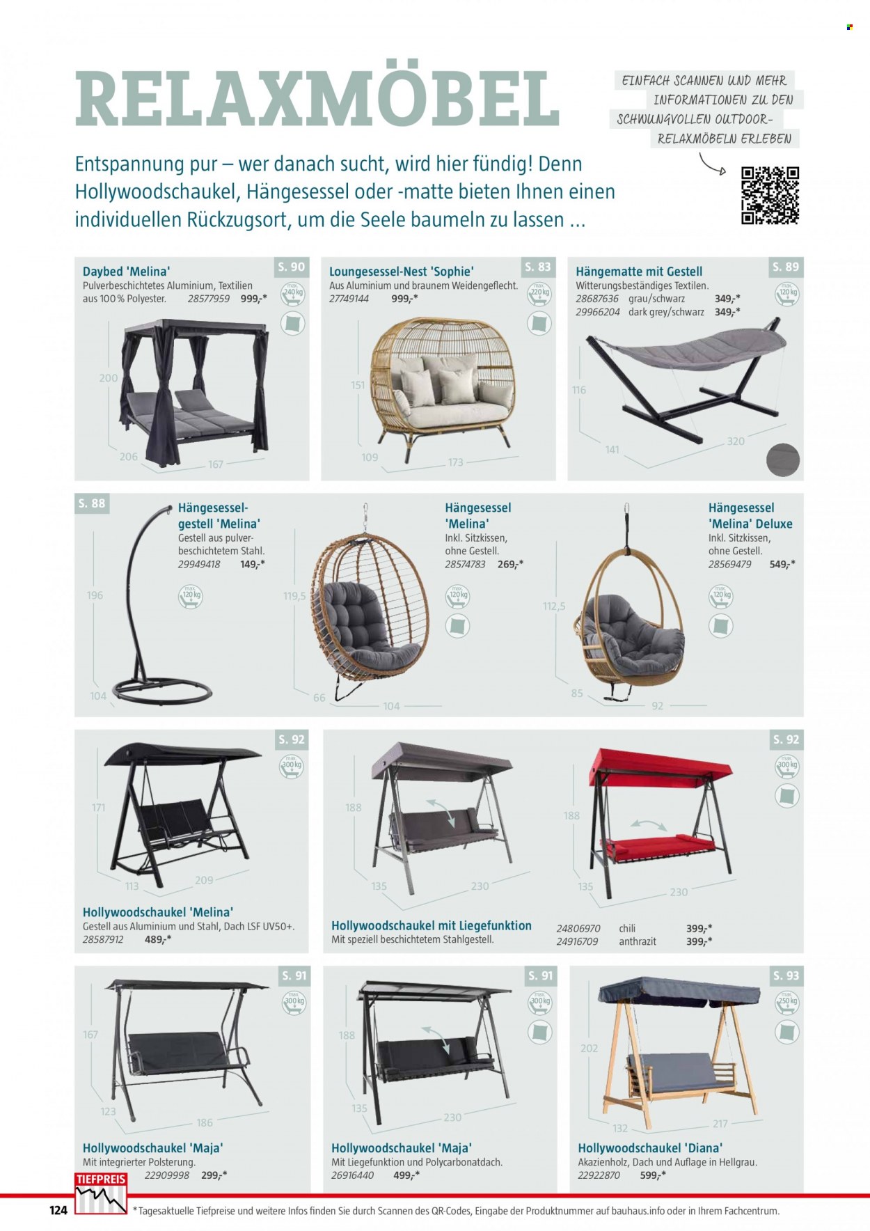 thumbnail - Prospekte Bauhaus - 28.01.2023 - 30.06.2023 - Produkte in Aktion - Sitzkissen, Hängesessel, Gartenschaukel, Hängematte. Seite 124.