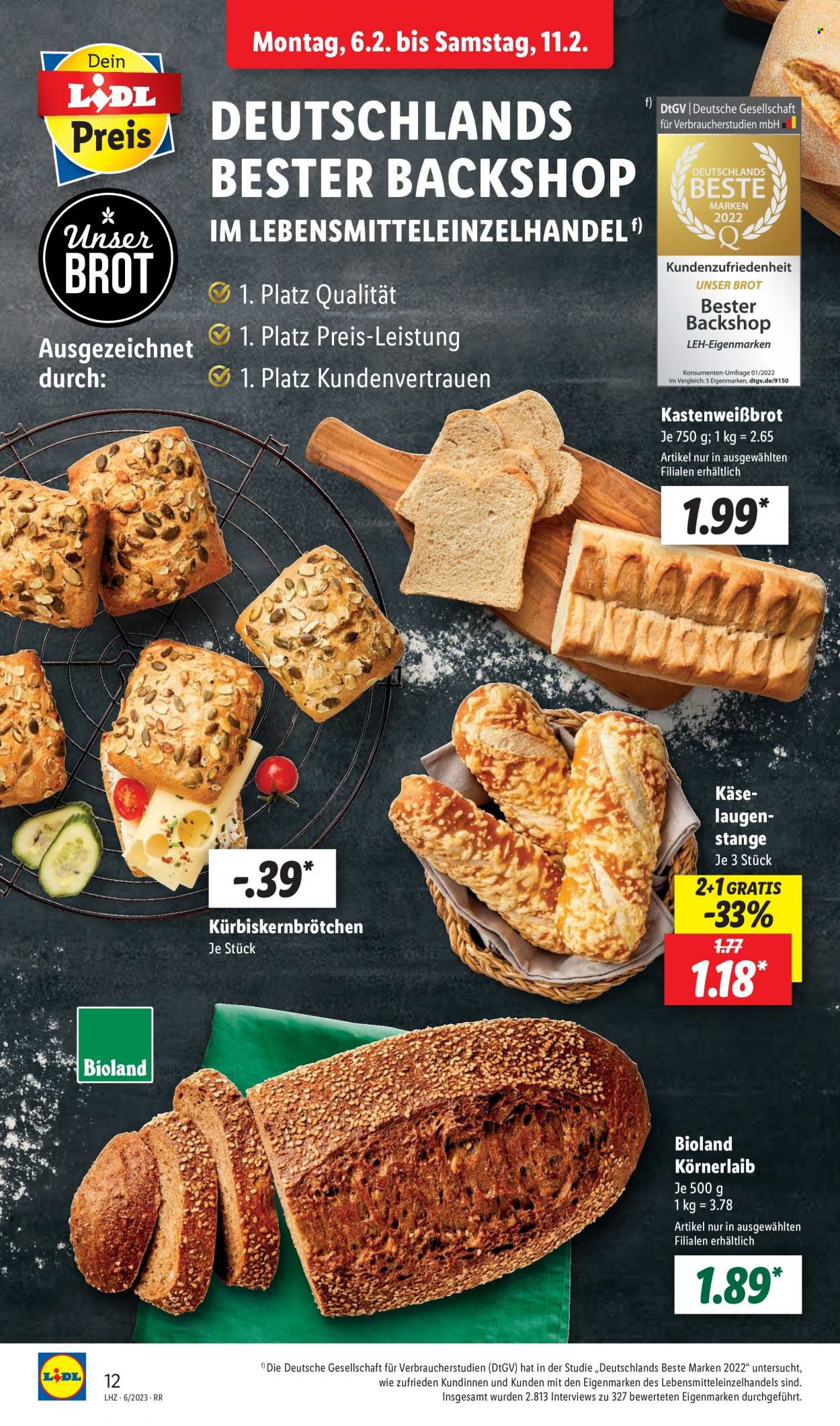 thumbnail - Prospekte Lidl - 6.02.2023 - 11.02.2023 - Produkte in Aktion - Brot, Kürbiskernbrötchen, Laugenstange. Seite 14.