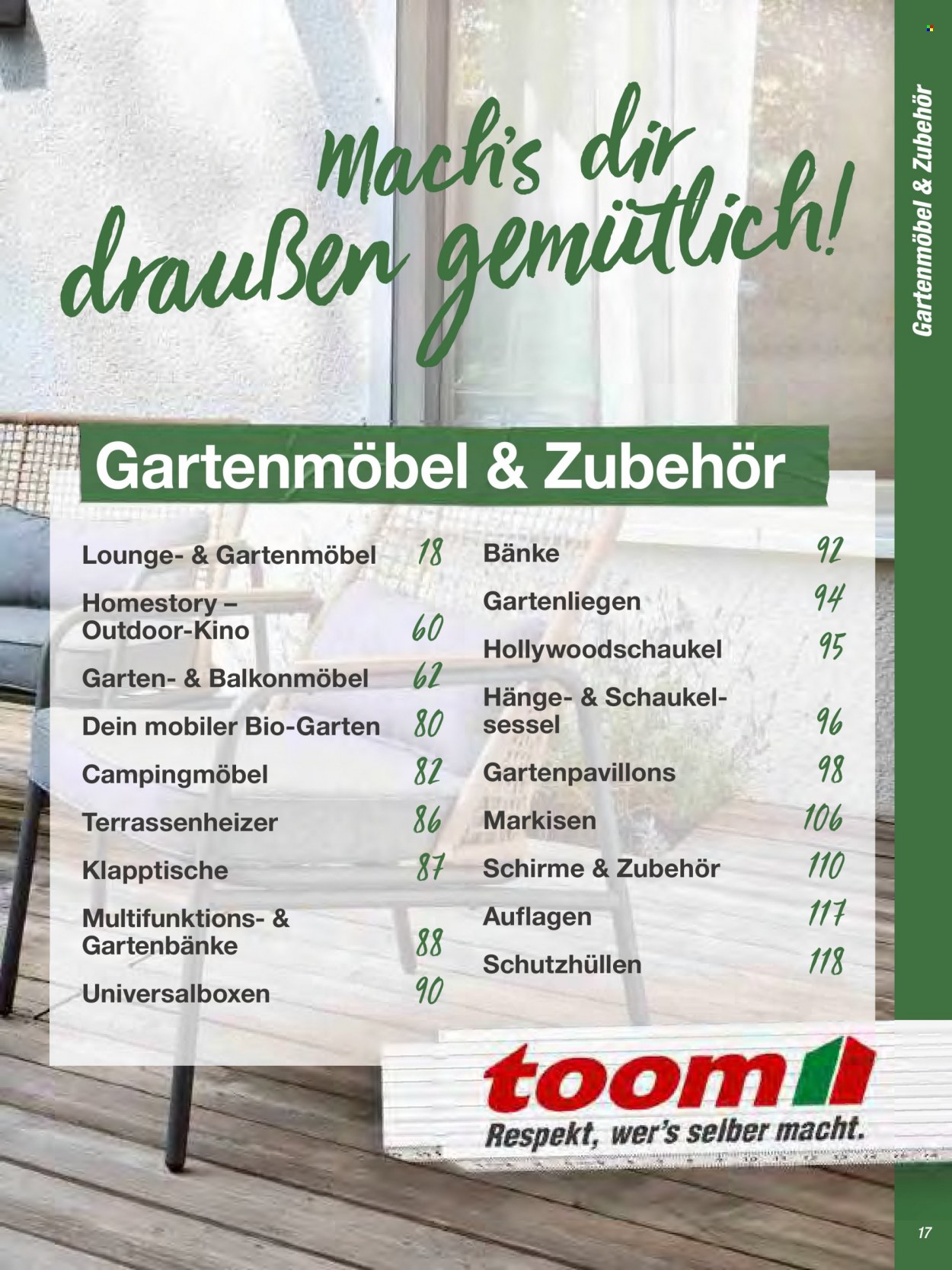 thumbnail - Prospekte toom Baumarkt - Produkte in Aktion - Sessel, Gartenmöbel, Gartenschaukel, Schaukel. Seite 17.