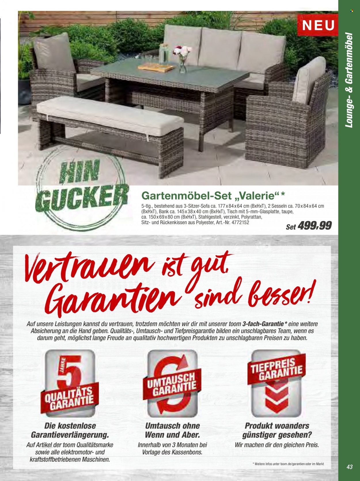 thumbnail - Prospekte toom Baumarkt - Produkte in Aktion - Sofa, Rückenkissen, Bank, Tisch, Gartenmöbel. Seite 43.