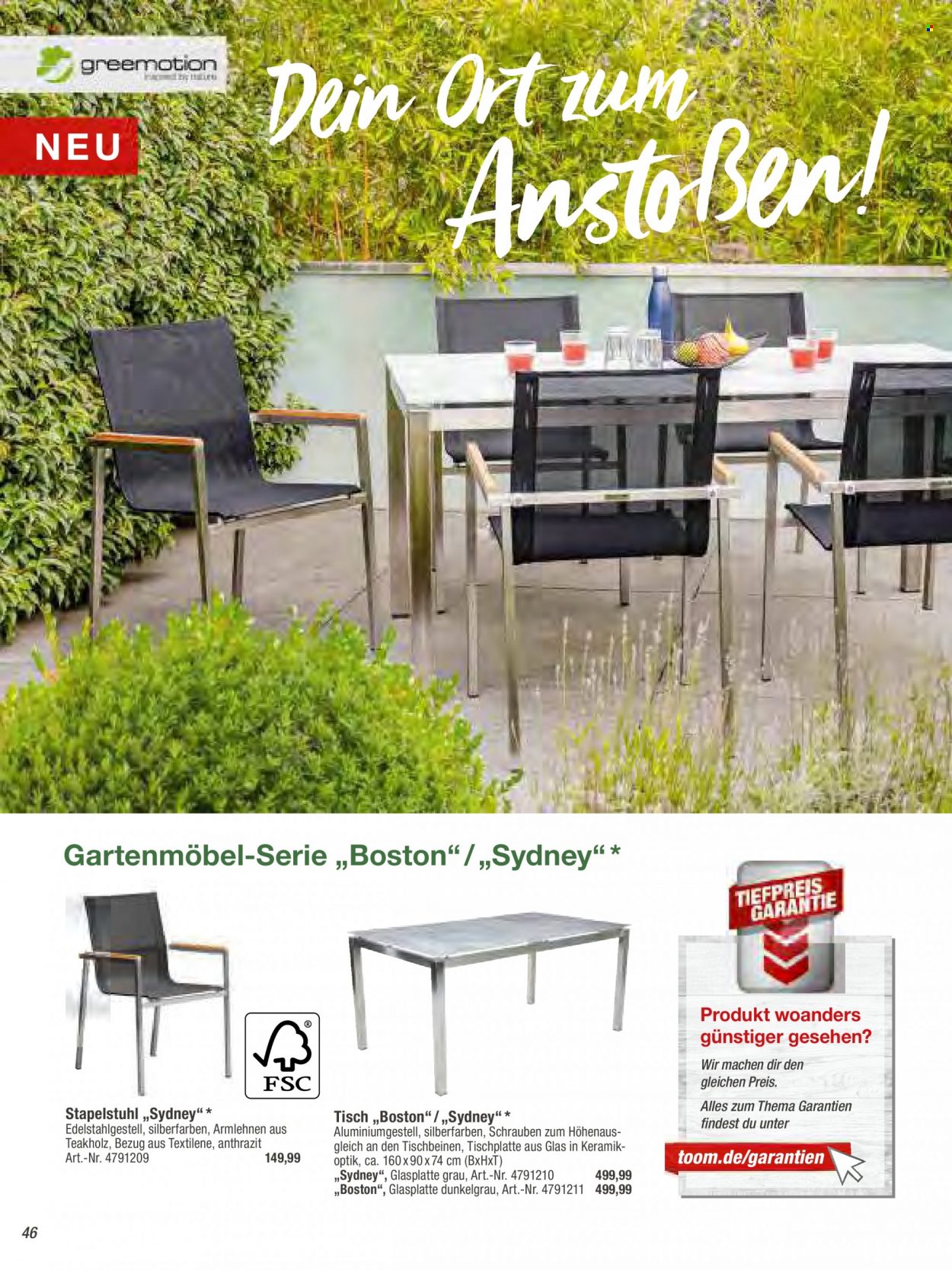 thumbnail - Prospekte toom Baumarkt - Produkte in Aktion - Tisch, Gartenmöbel, Stapelstuhl. Seite 46.