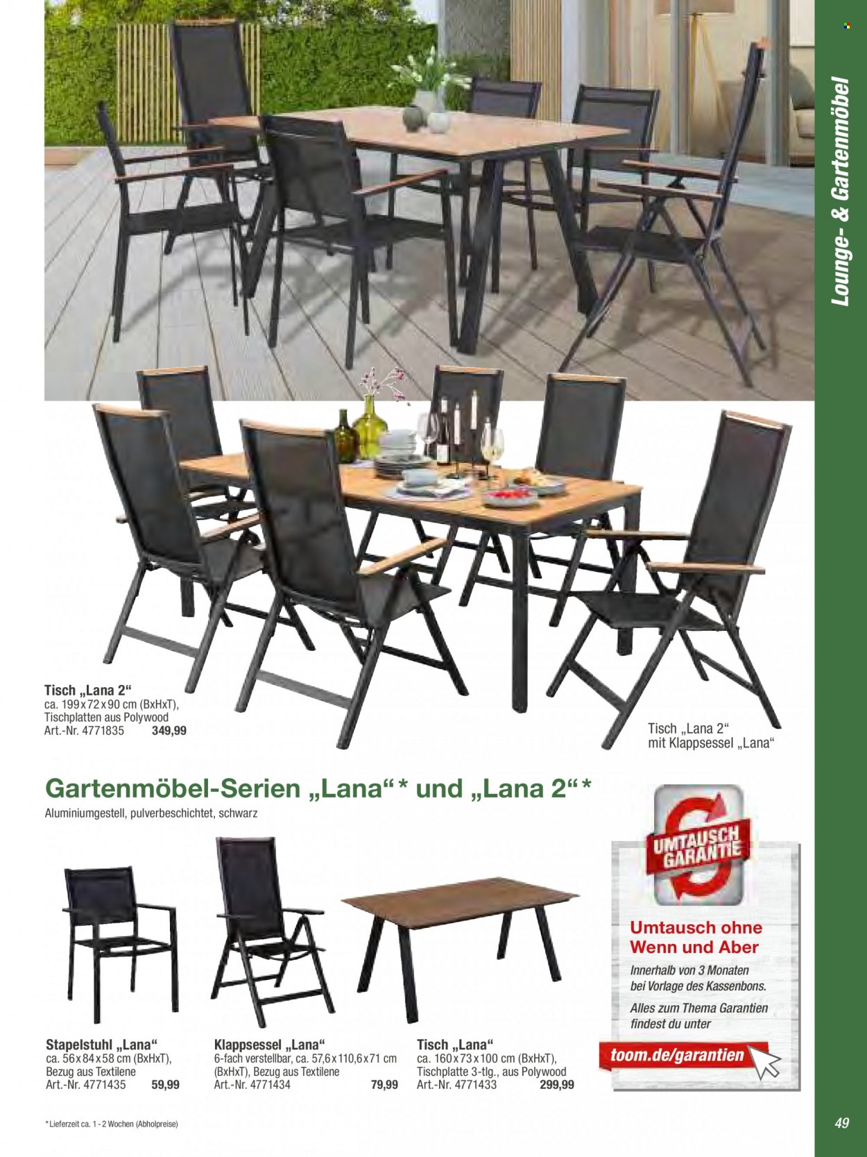 thumbnail - Prospekte toom Baumarkt - Produkte in Aktion - Tisch, Gartenmöbel, Stapelstuhl, Klappsessel, Tischplatten. Seite 49.