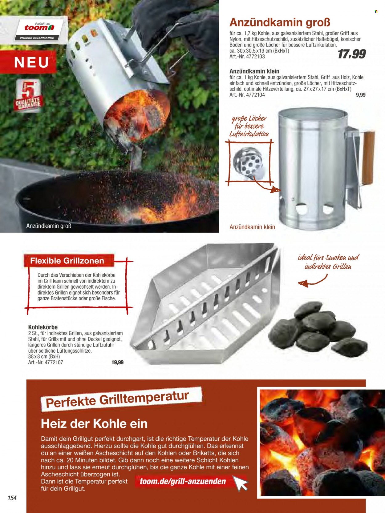 thumbnail - Prospekte toom Baumarkt - Produkte in Aktion - Locher, Anzündkamin, Briketts, Grill. Seite 154.