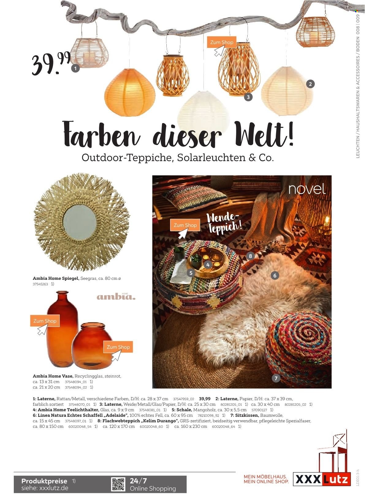 thumbnail - Prospekte XXXLutz - Produkte in Aktion - Schale, Sitzkissen, Vase, Teelichthalter, Spiegel, Laterne, Teppich, Schaffell, Flachwebteppich. Seite 9.