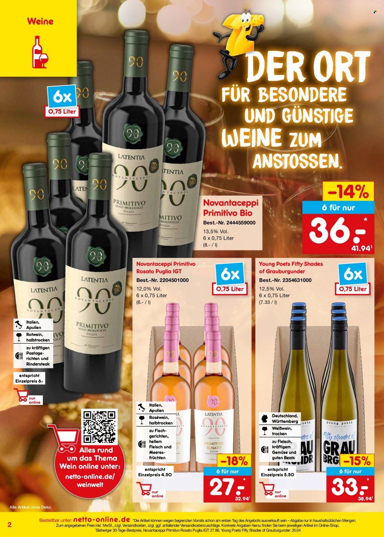 thumbnail - Prospekte Netto Marken-Discount - 24.02.2023 - 31.03.2023 - Produkte in Aktion - Alkohol, Rindfleisch, Rindersteak, Rotwein, Primitivo, Weißwein, Grauburgunder, Roséwein, Wein. Seite 2.