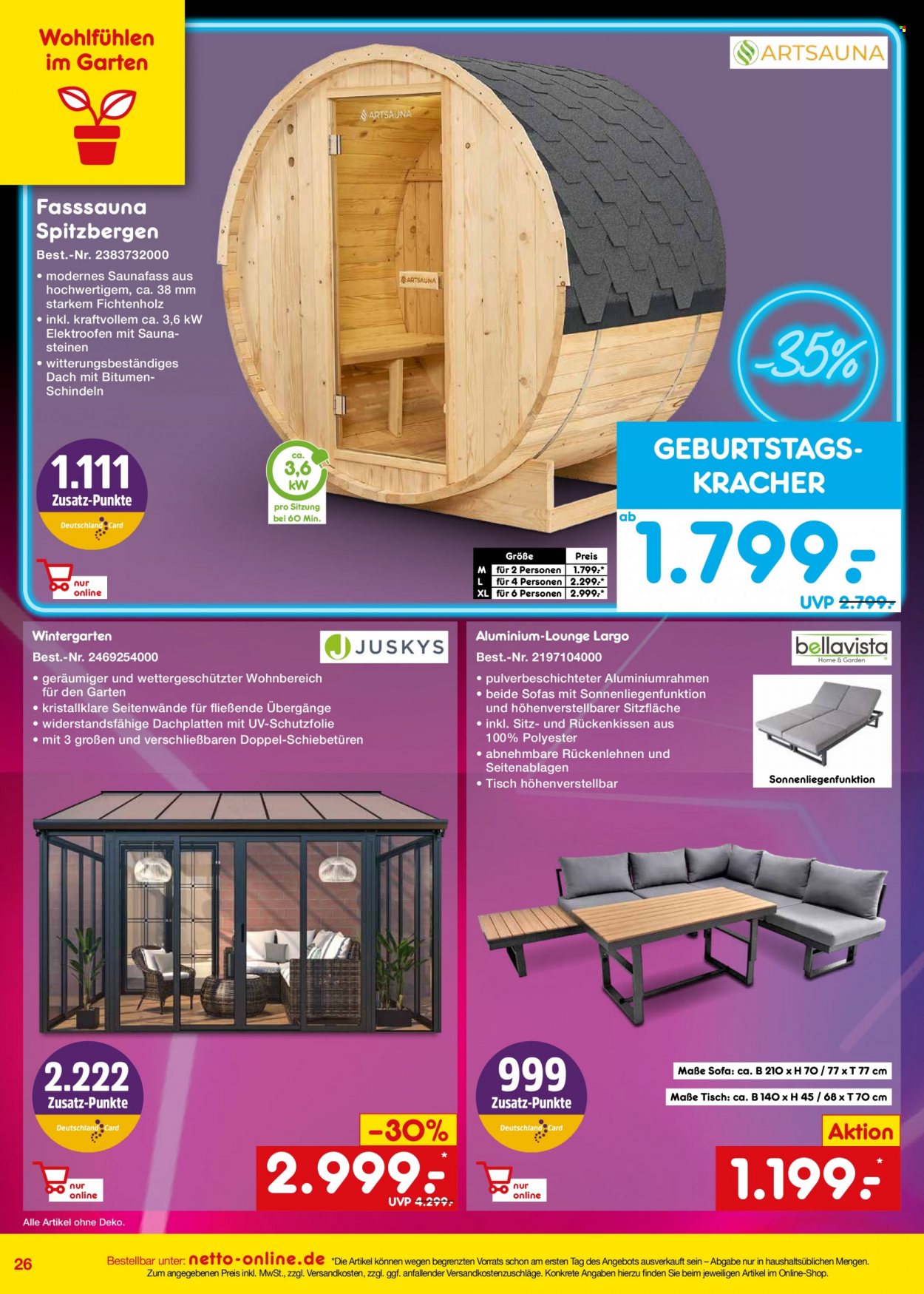 thumbnail - Prospekte Netto Marken-Discount - 24.02.2023 - 31.03.2023 - Produkte in Aktion - Tisch, Sofa, Rückenkissen, Wintergarten, Sauna. Seite 26.